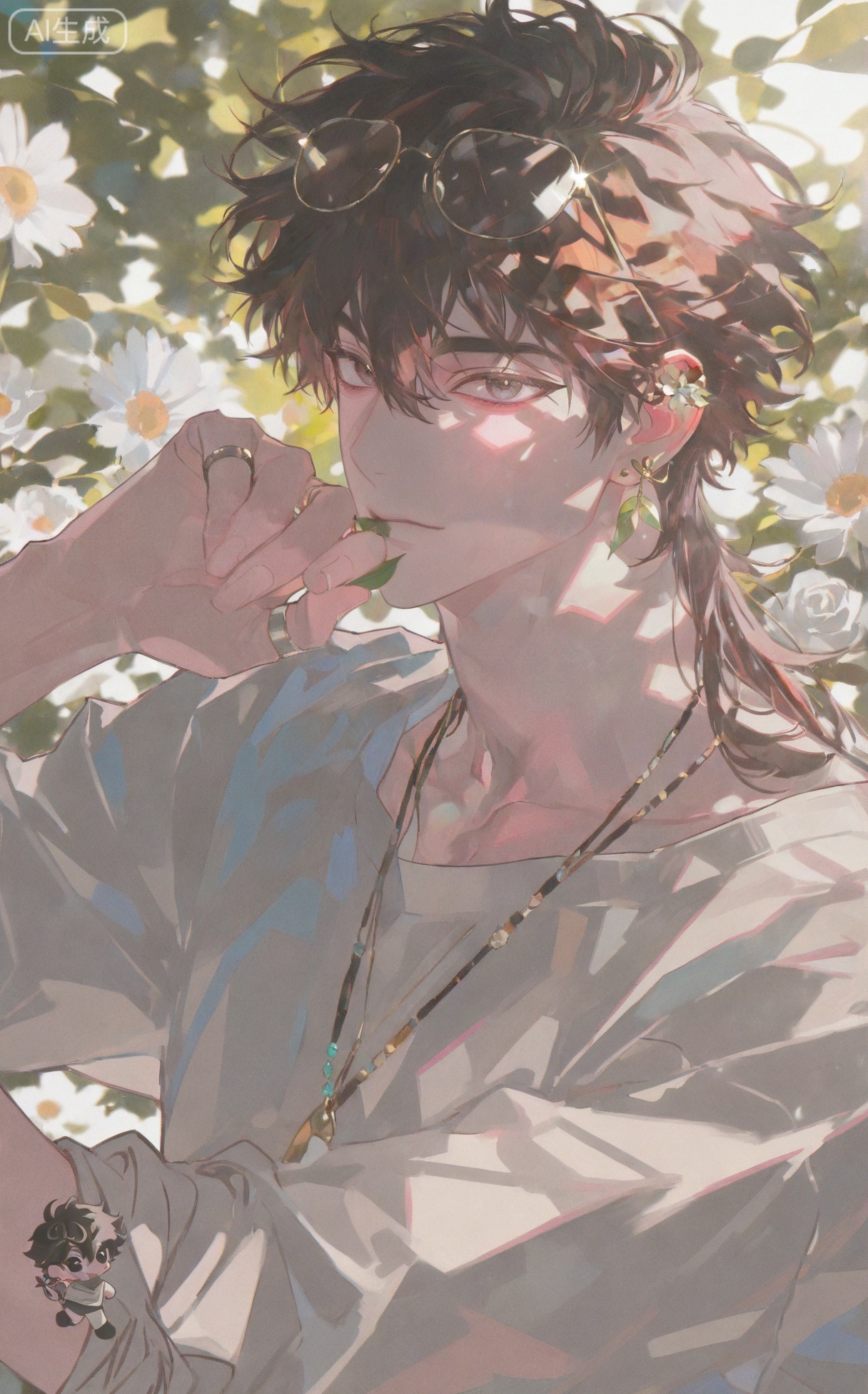 (artist:mazjojo:0.83), (artist:pigeon666:0.67), (artist:zawar379:0.77), (artist:remsrar:0.65), (artist:yoneyama mai:0.74), (artist:chimmyming:0.72), masterpiece, 4k, hd, HDR, amazing quality, best quality, high resolution, goldenfieldszho, newest, very aesthetic, ultra-detailed, absurdres, perfect lighting, volumetric lighting, (soft natural light), shadowing, (good shadowing), depth of field, scenery, amazing aesthetics, cinematic lighting, cinematic, shading, (good shading), counter_shading, subsurface scattering, intricate details, illustration, perfect hands, handsome, 1boy, solo, male focus, bishounen, long hair, hair between eyes, (flaxen hair:1.3), (hazel eyes:1.3), gentle expression, toned male, skinny, eyewear on head, (a single flower tucked behind his ear:1.4), ear piercings, jewelry, multiple necklaces, leaf-shaped earrings, ear chain, multiple rings, v, white linen shirt, (rolled up sleeves:1.4), off-shoulder shirt, beige **** top, (holding a pair of garden shears:1.5), multicolored background, (green background:1.4), (white background:1.4), (flower shop background:1.3), (colored shadow:1.5), light green shadow, upper body, close-up, dynamic pose, dynamic angle, beautiful background, detailed background, magazine cover, (fake cover:1.8), (chibi inset:1.9), glint, lens flare, light particles, Chip7SKTest





,InplickStyleTest,xiaozhitiao,Small note art style