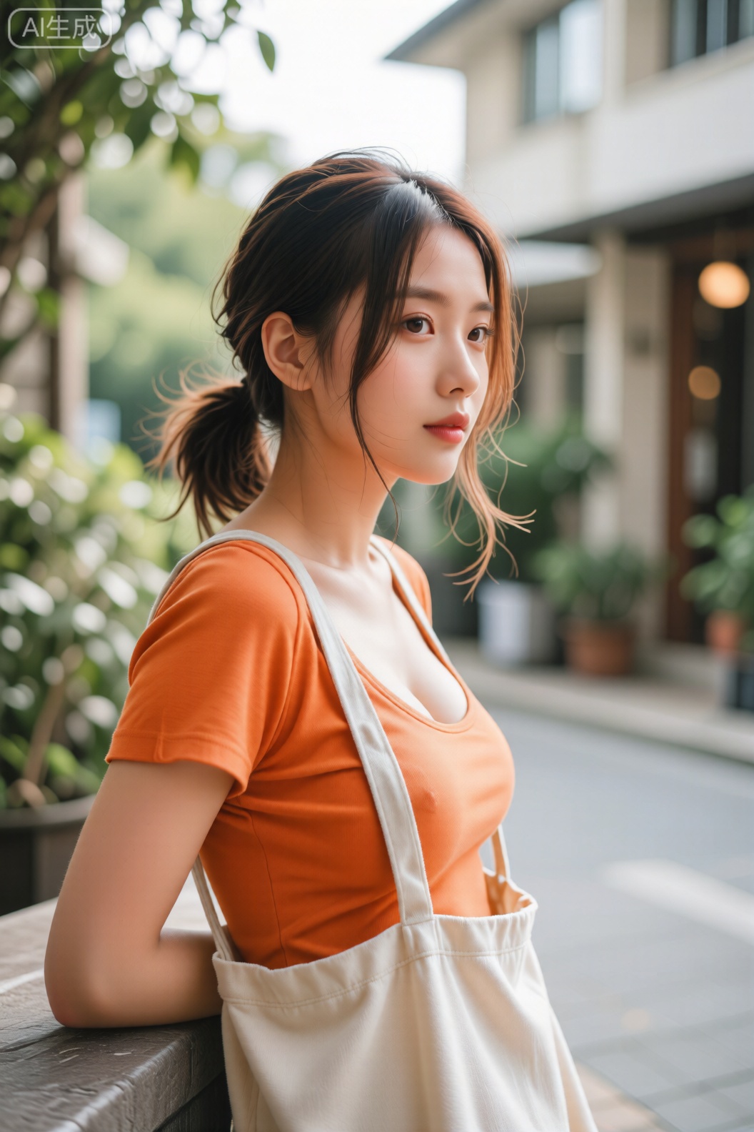 深棕发女性扎低马尾,穿橙色短袖倚靠物体,浅色帆布包斜挎,几缕发丝垂落颊侧。背景模糊绿植与建筑轮廓柔和,光线温暖朦胧,慵懒姿态与柔和色调共同构建街角休憩的松弛叙事。

