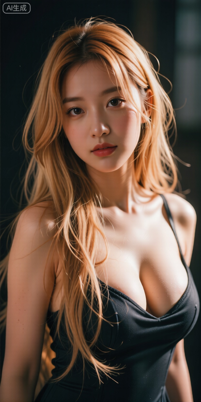 暗黑朦,隐约的淡彩+橙黄褪色,半身特写,真人cosplay,一个灵动纯美的女生,16/18岁的女生,真人,大眼睛,眼神无神,呆萌感,模糊人像及场景,CLAMP风格,金色超长发,突出动态发丝的凌乱美,超高颜值,曲线美,复古,迷离,伦勃朗光,低饱和,反射,折射,肌理质感,高噪点,胶片颗粒质感,极简风,柔焦灰度美学,情绪写意,前卫视觉艺术美学,大片高级感,电影美学,大师杰作,细节英文信息解析点缀,褪色故障光影,失真,