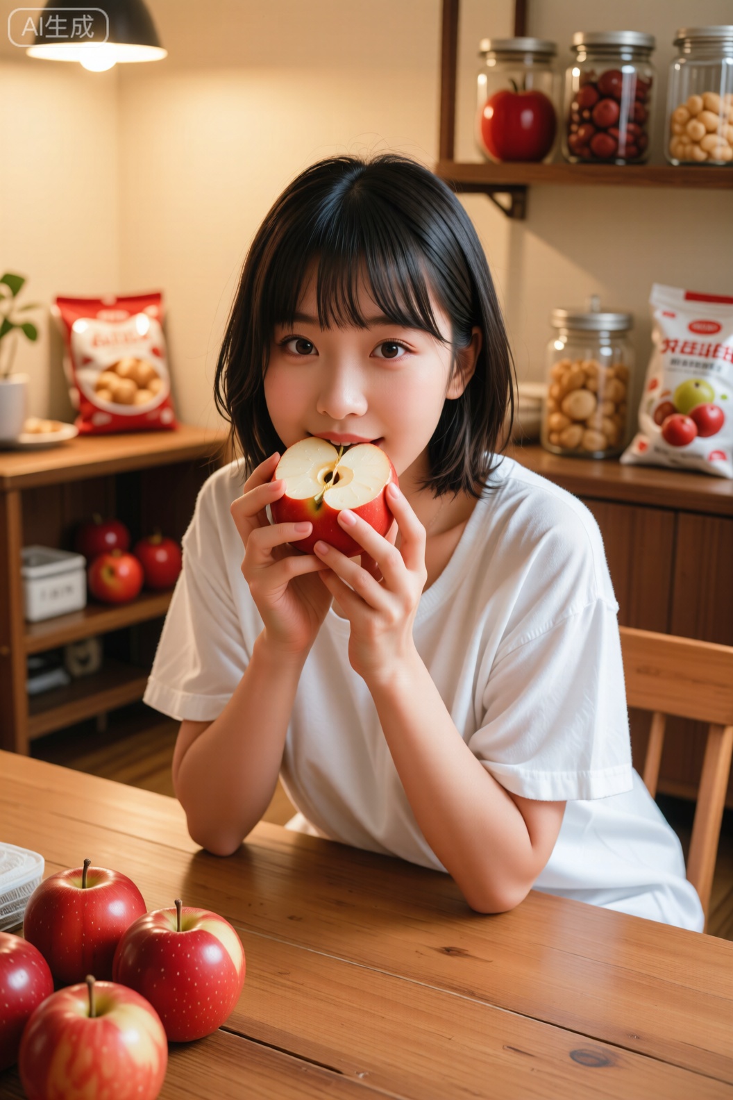 室内场景中女性穿宽松白短袖,坐于木桌前双手捧咬痕苹果,背景含红苹果、食品包装与储物架罐体。暖黄光线与齐刘海黑发强化居家感,动态进食瞬间与生活化道具交织,展现日常片刻的质朴温馨。

