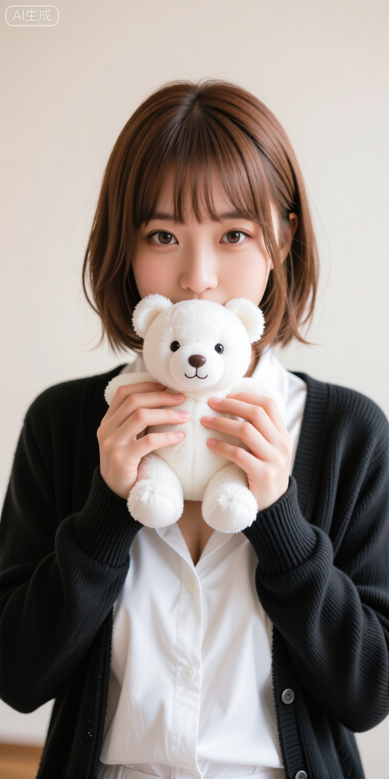 女性棕发戴浅棕齐刘海假发片，穿白衬衫与黑针织开衫，双手捧白色小熊耳装饰相机，脸部仅露双眼。背景为浅色墙面，相机造型可爱，色调温暖柔和，通过道具遮挡营造出神秘又甜美的视觉效果。