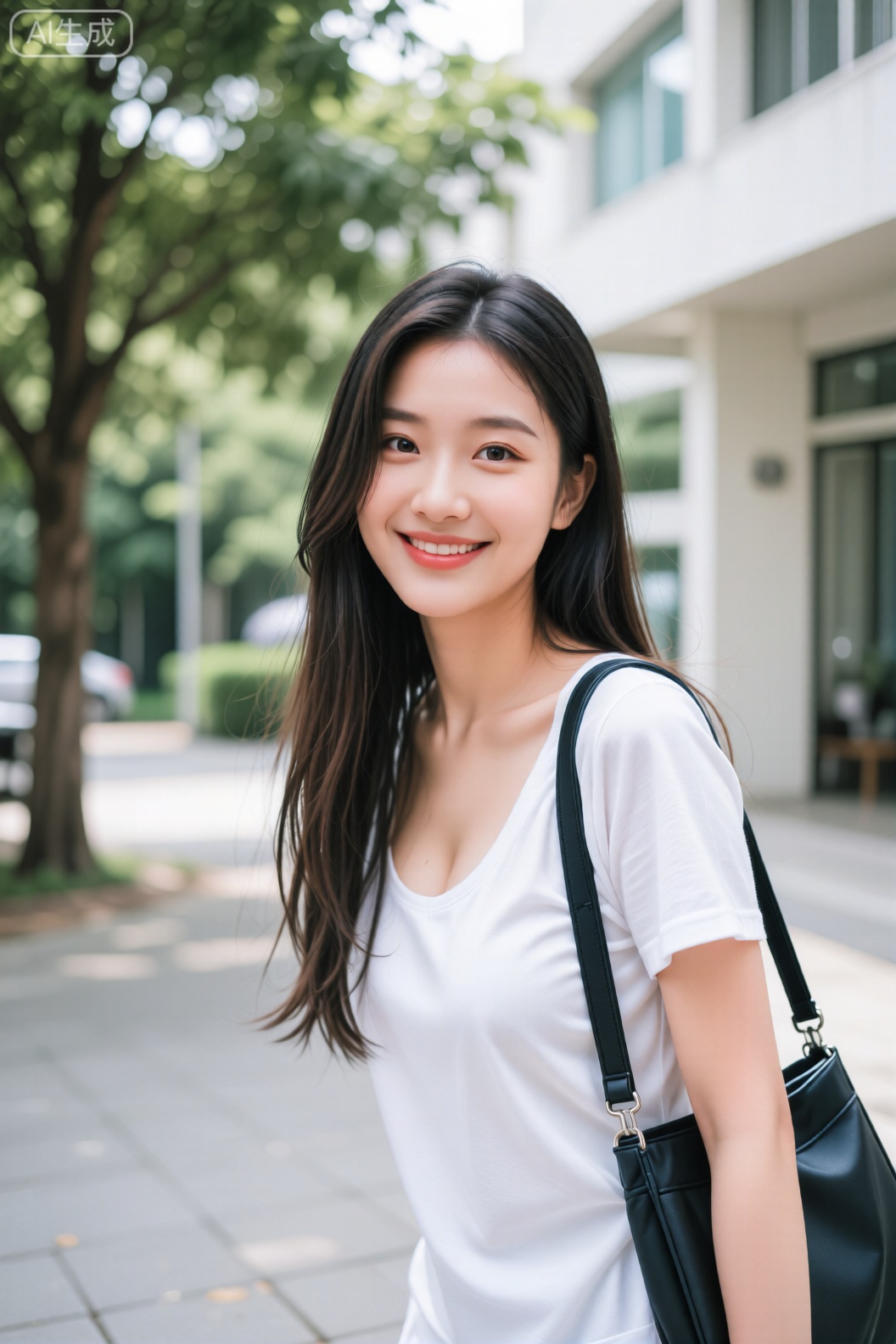 黑长直发女性户外微笑,穿白色上衣斜挎黑包,居于画面右侧。背景虚化的绿树与建筑轮廓柔和,自然光线下人物姿态轻松,构图简洁聚焦主体,清新色调与淡然表情烘托出日常出行的惬意状态。


