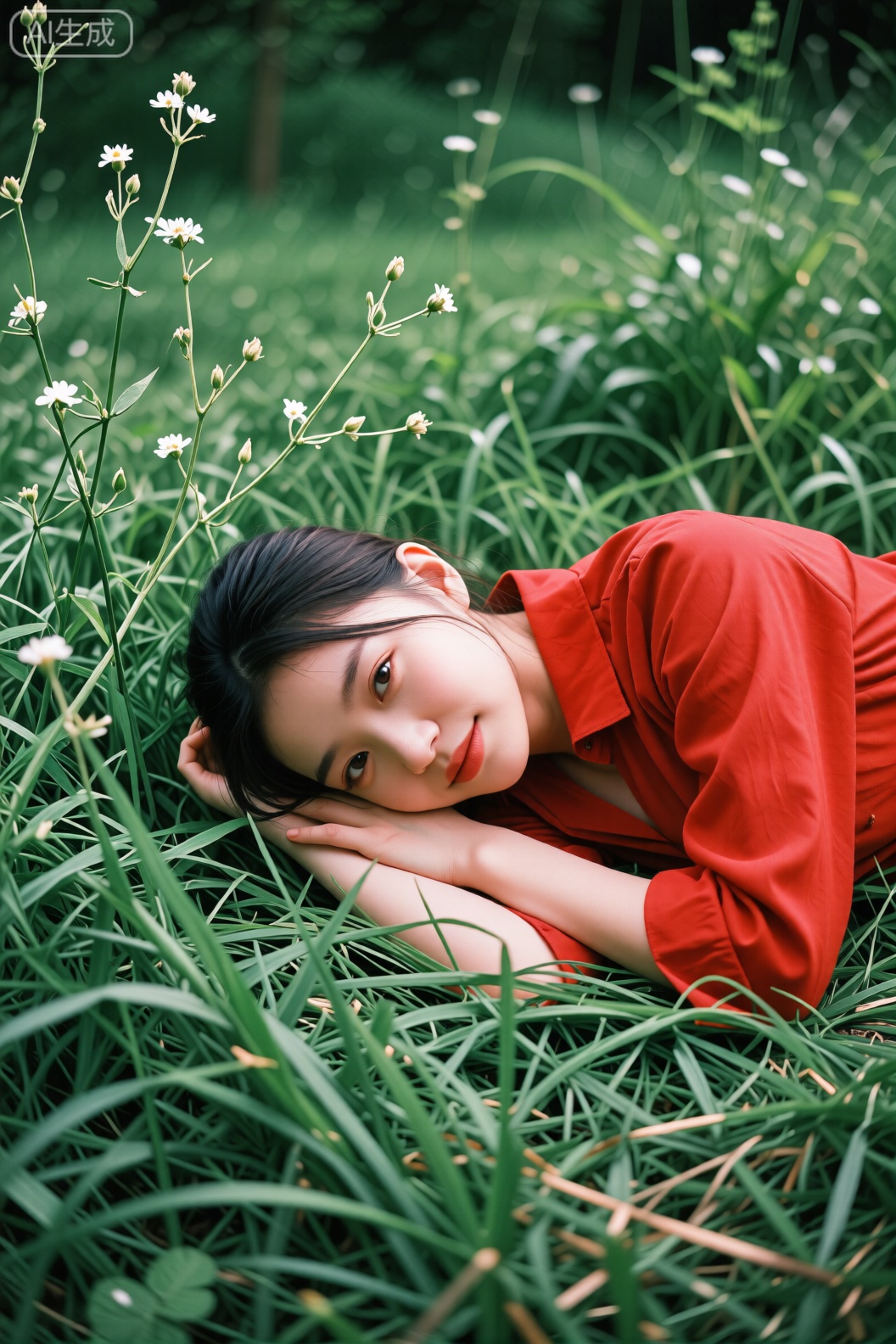 红色衬衫女性侧卧于茂密草地,头部枕于交叠的手臂,目光斜向上凝视,表情松弛。绿色草丛中点缀细茎野花,柔和光线笼罩画面,红衣与绿地的鲜明色彩对比突出主体,低视角构图拉近自然距离,营造出午后草地的静谧与悠然。

