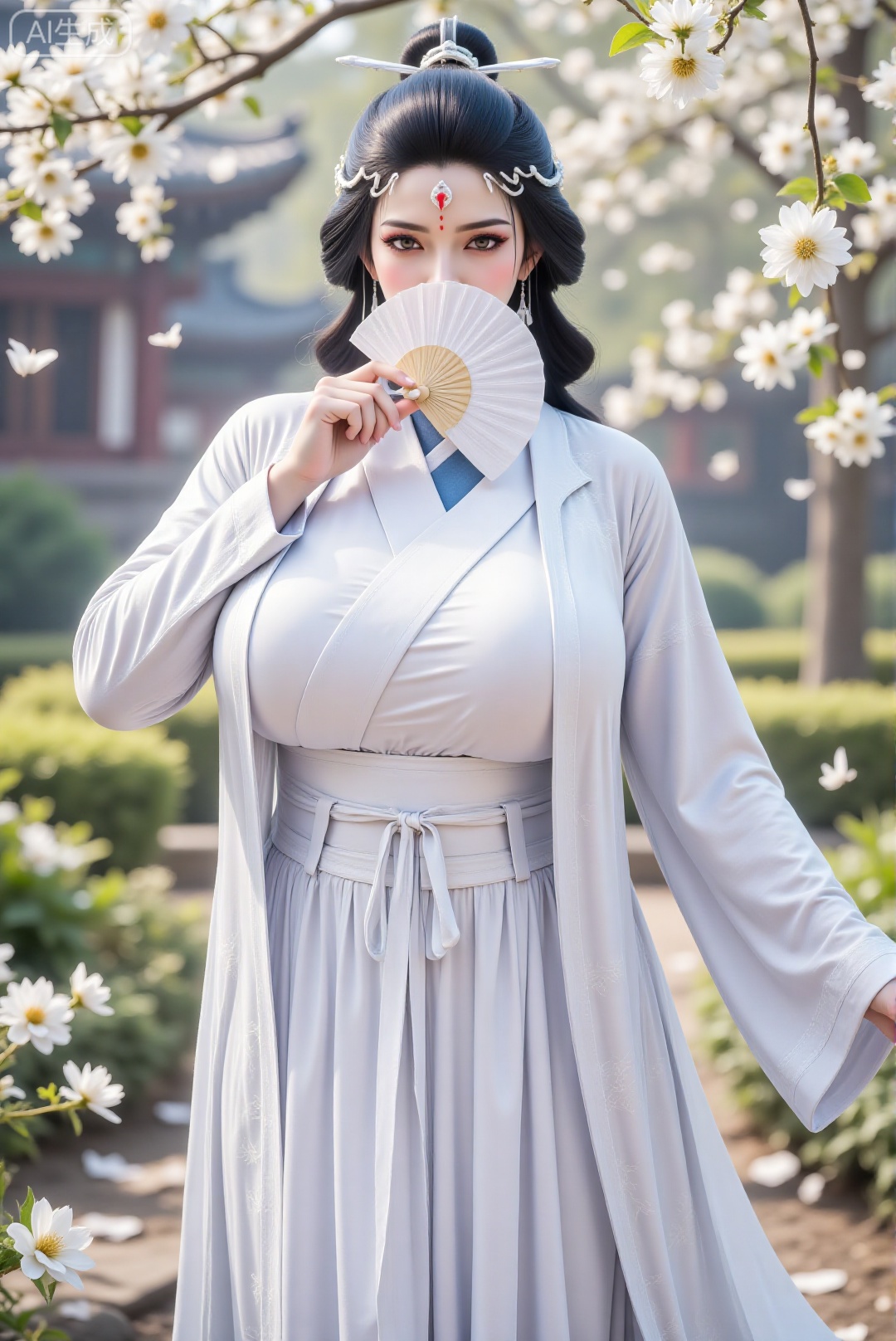 DTC-shuiyue,upper body,1girl,solo,standing,holding a fan,covering the face with a fan,chinese clothes,forehead mark,hanfu,sash,long hair,curvy,mature female,breasts,large breasts,huge breasts,hair ornament,blue hair,makeup,In an ancient Chinese garden,flowers,petals,shot from behind,hanfu dress,DTCmy,Hugebr