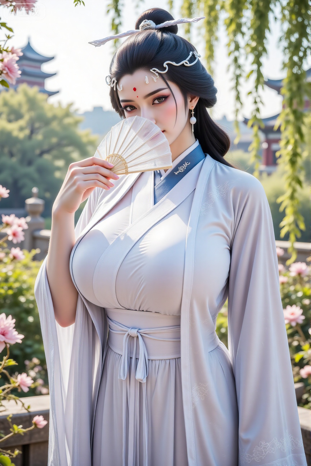 DTC-shuiyue,upper body,1girl,solo,standing,holding a fan,covering the face with a fan,chinese clothes,forehead mark,hanfu,sash,long hair,curvy,mature female,breasts,large breasts,huge breasts,hair ornament,blue hair,makeup,In an ancient Chinese garden,flowers,petals,shot from behind,hanfu dress,DTCmy,Hugebr