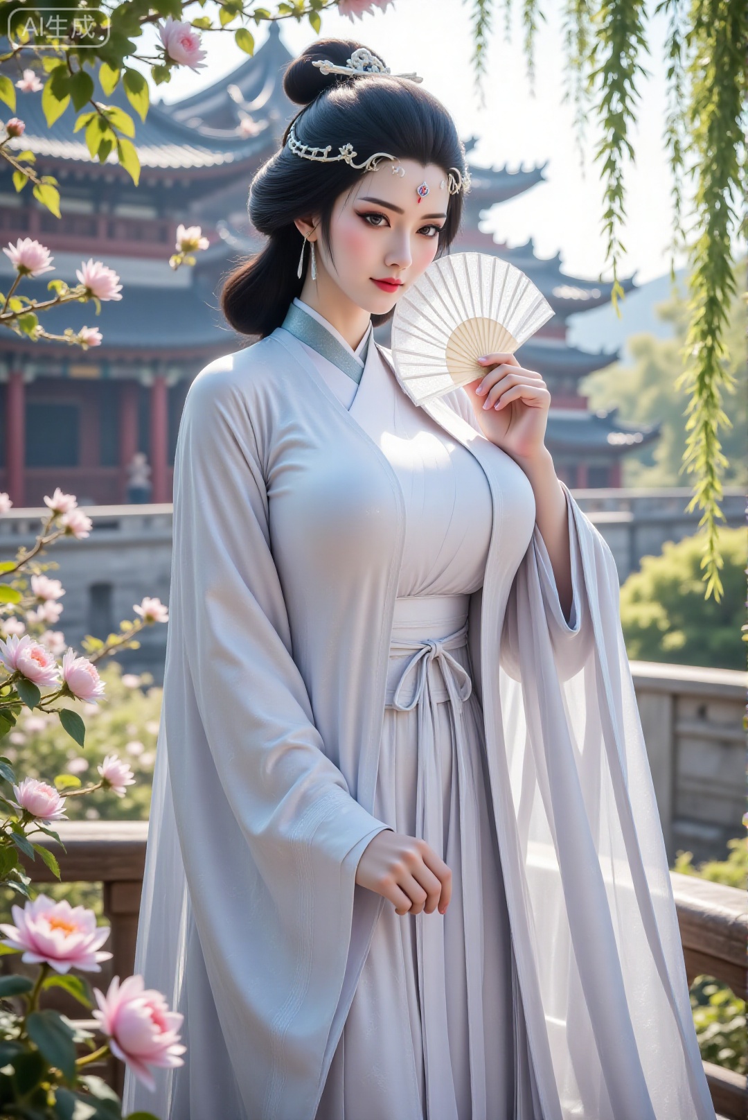 DTC-shuiyue,upper body,1girl,solo,standing,holding a fan,covering the face with a fan,chinese clothes,forehead mark,hanfu,sash,long hair,curvy,mature female,breasts,large breasts,huge breasts,hair ornament,blue hair,makeup,In an ancient Chinese garden,flowers,petals,shot from behind,hanfu dress,DTCmy,Hugebr