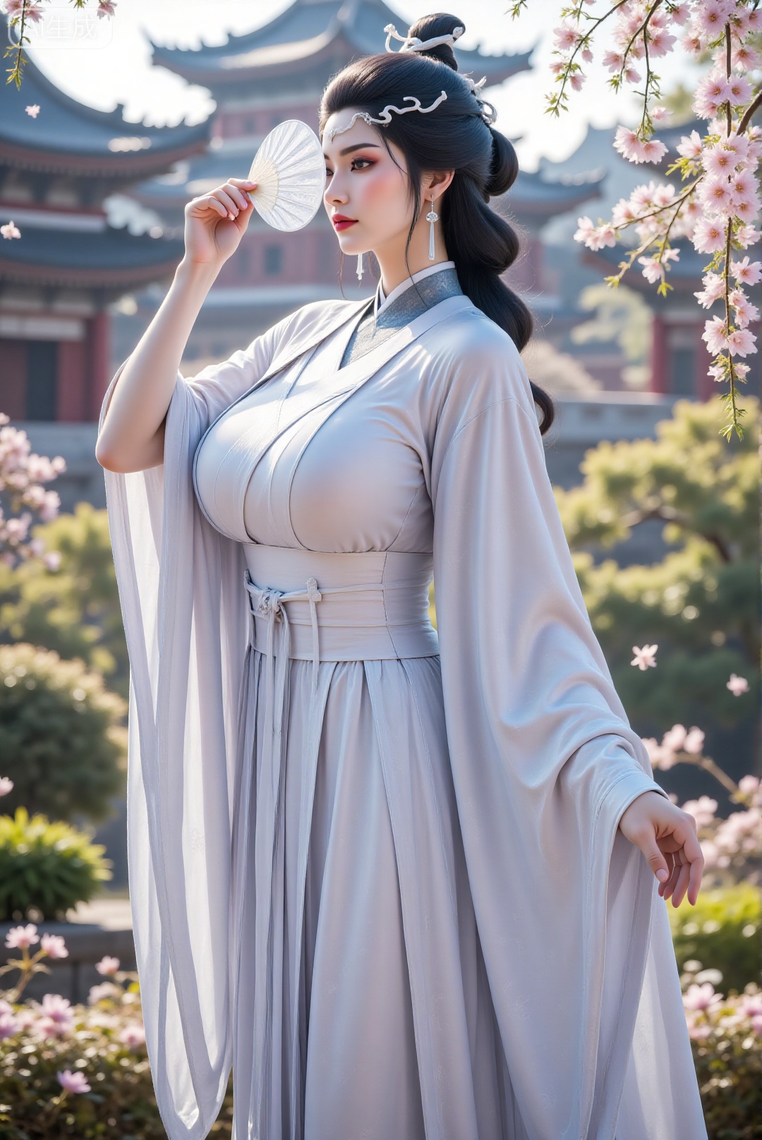 DTC-shuiyue,upper body,1girl,solo,standing,holding a fan,covering the face with a fan,chinese clothes,forehead mark,hanfu,sash,long hair,curvy,mature female,breasts,large breasts,huge breasts,hair ornament,blue hair,makeup,In an ancient Chinese garden,flowers,petals,shot from behind,hanfu dress,DTCmy,Hugebr