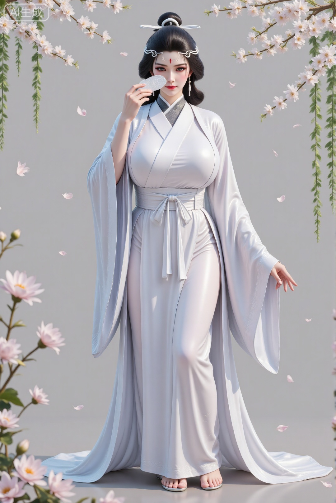 DTC-shuiyue,upper body,1girl,solo,standing,holding a fan,covering the face with a fan,chinese clothes,forehead mark,hanfu,sash,long hair,curvy,mature female,breasts,large breasts,huge breasts,hair ornament,blue hair,makeup,In an ancient Chinese garden,flowers,petals,shot from behind,hanfu dress,DTCmy,Hugebr