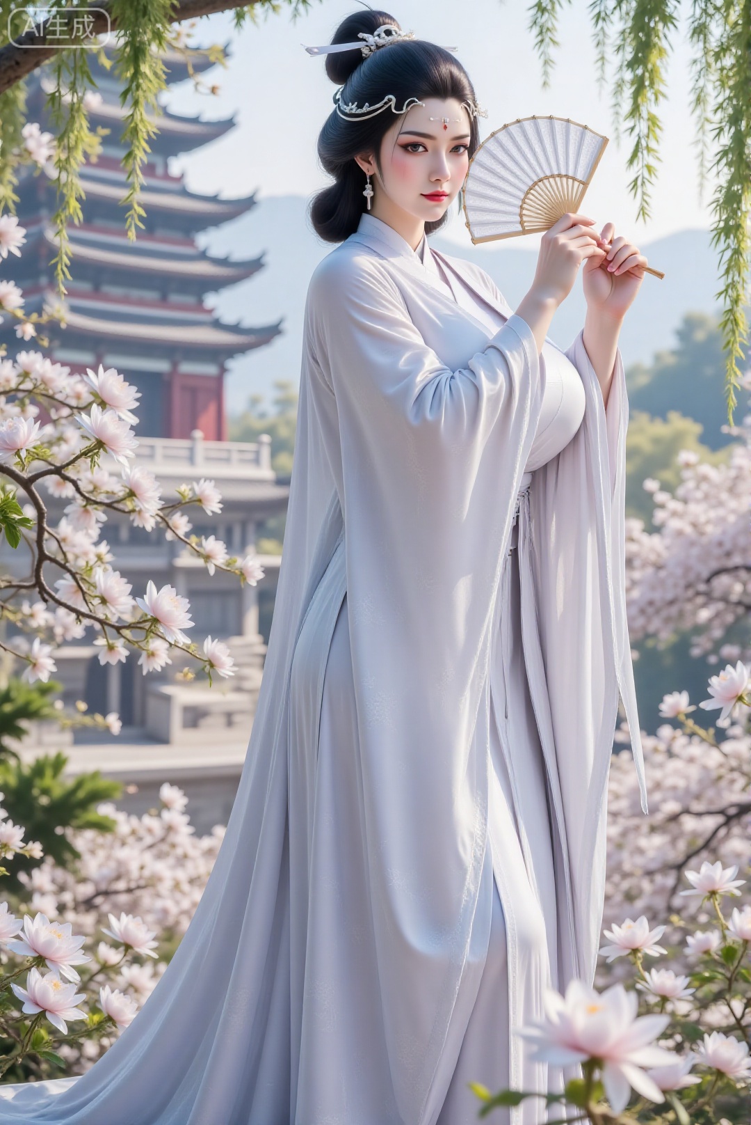 DTC-shuiyue,upper body,1girl,solo,standing,holding a fan,covering the face with a fan,chinese clothes,forehead mark,hanfu,sash,long hair,curvy,mature female,breasts,large breasts,huge breasts,hair ornament,blue hair,makeup,In an ancient Chinese garden,flowers,petals,shot from behind,hanfu dress,DTCmy,Hugebr