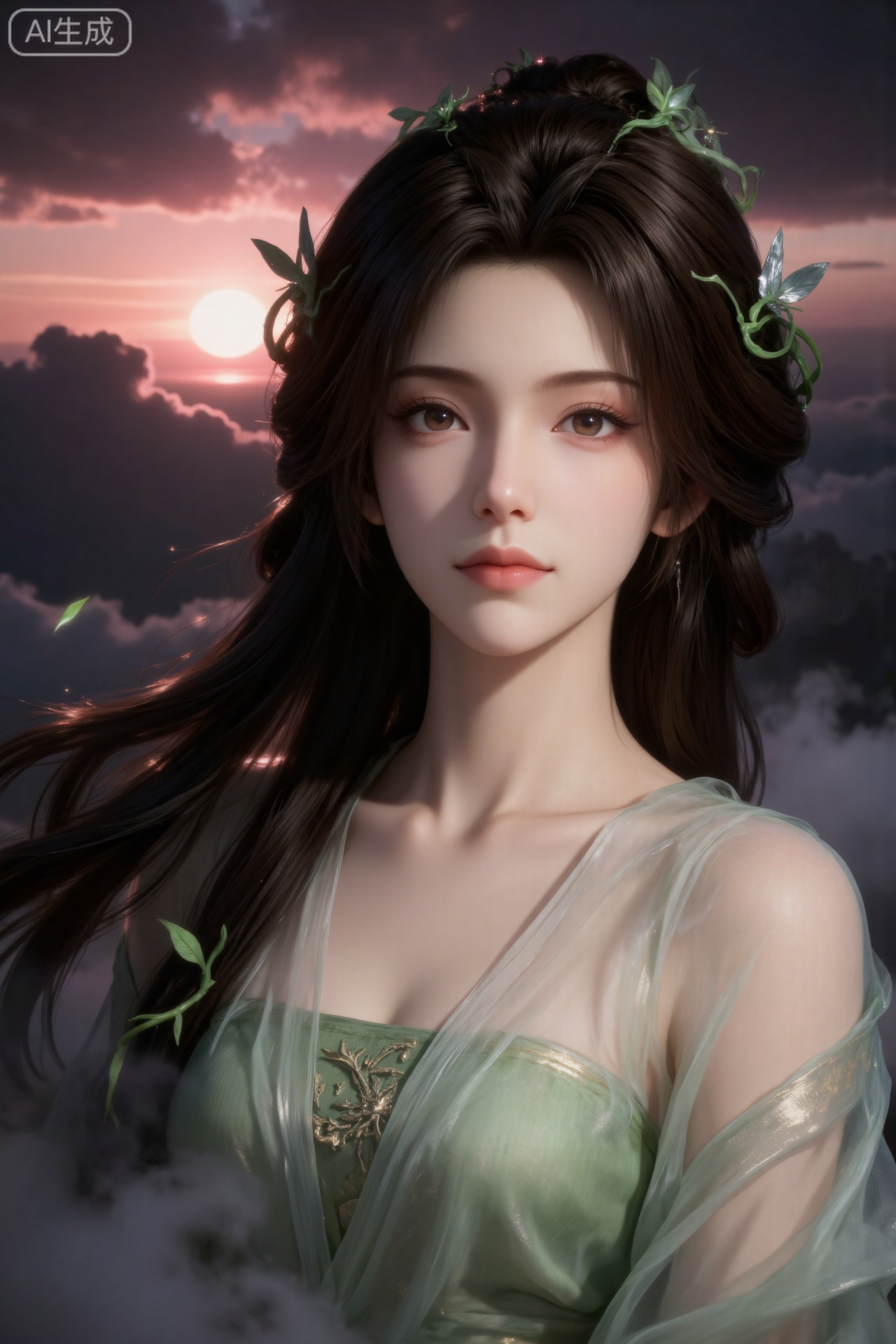 1 girl, solo, upper body, long black hair <partially tied up> green vine hair accessories <with leaves on the vines <winding hair>>>, cold face <eye pupils dark brown <eye tails slender and upward>, light pink lips <full lips>, Fair skin>), wearing a transparent gauze dress (the outer layer is a light green translucent gauze garment <thin material <glossy <fluttering in the wind>>, and the inner layer is a gradient tube top <with pattern embroidery>), with a dark cloud scene in the background (the upper half of the picture is pink Mixed with black <like sunset <thick clouds>, the lower half of the picture is black <with white smoke <wreathing>>, the overall light is dim (the character's face is clearly illuminated <forming a contrast between light and dark>>), the details of the hair <partially floating <strong sense of dynamic>>, the hair vines <green <contrast with the dark background>>, gauze <transparent <inner clothing is vaguely visible>>, the overall atmosphere is mysterious and ethereal (rich colors <combine tradition and fantasy>, the characters' postures are elegant <conveying a cool temperament>).