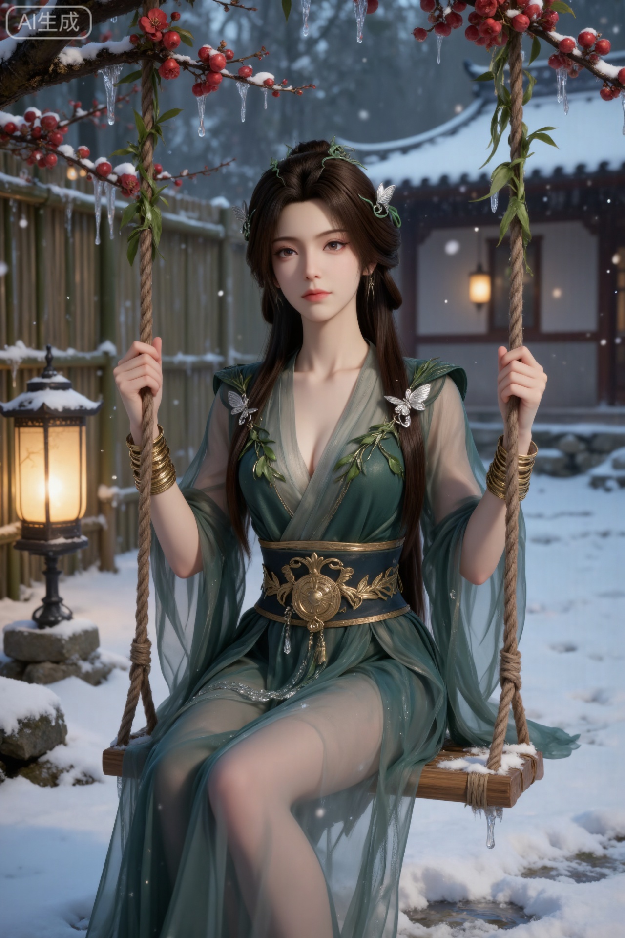 The subject is a woman sitting on a swing (dark brown long hair <partially tied up <hair decorated with green vines and silver butterfly hair accessories <vines in a curly shape>>, cool face <eye pupils dark brown <eye tails slightly drooped>, lips light pink <lips full>, fair skin>), wearing dark green translucent clothing Mingsha skirt, a wide golden belt around the waist (with round metal buckle (hanging chain)), the sleeves are translucent (cuffs are decorated with gold), the skirt is light and thin (translucent), there is snow at the feet (ice water dripping)), and gold jewelry (multi-layered bracelets (stacked), earrings (small)), The pose is holding a swing rope with both hands <body slightly leaning back>, the background is a courtyard in the snow (red plum blossoms <branches covered with snow <with ice edges hanging down>>, bamboo fence <covered with snow <hanging ice picks>>, there is a Chinese-style building in the distance <roof covered with snow>, the ground is covered with white snow <falling snowflakes>, and there are stones on the left Lanterns (bright and warm yellow light), details like swing ropes (linen ropes and wrapped around bamboo seats), ice edges (transparent and hanging branches), the overall atmosphere is cool and luxurious (the combination of dark green and gold (highlighting solemnity in the snow), and the elegant posture of the characters (conveying the character of a classical beauty)).