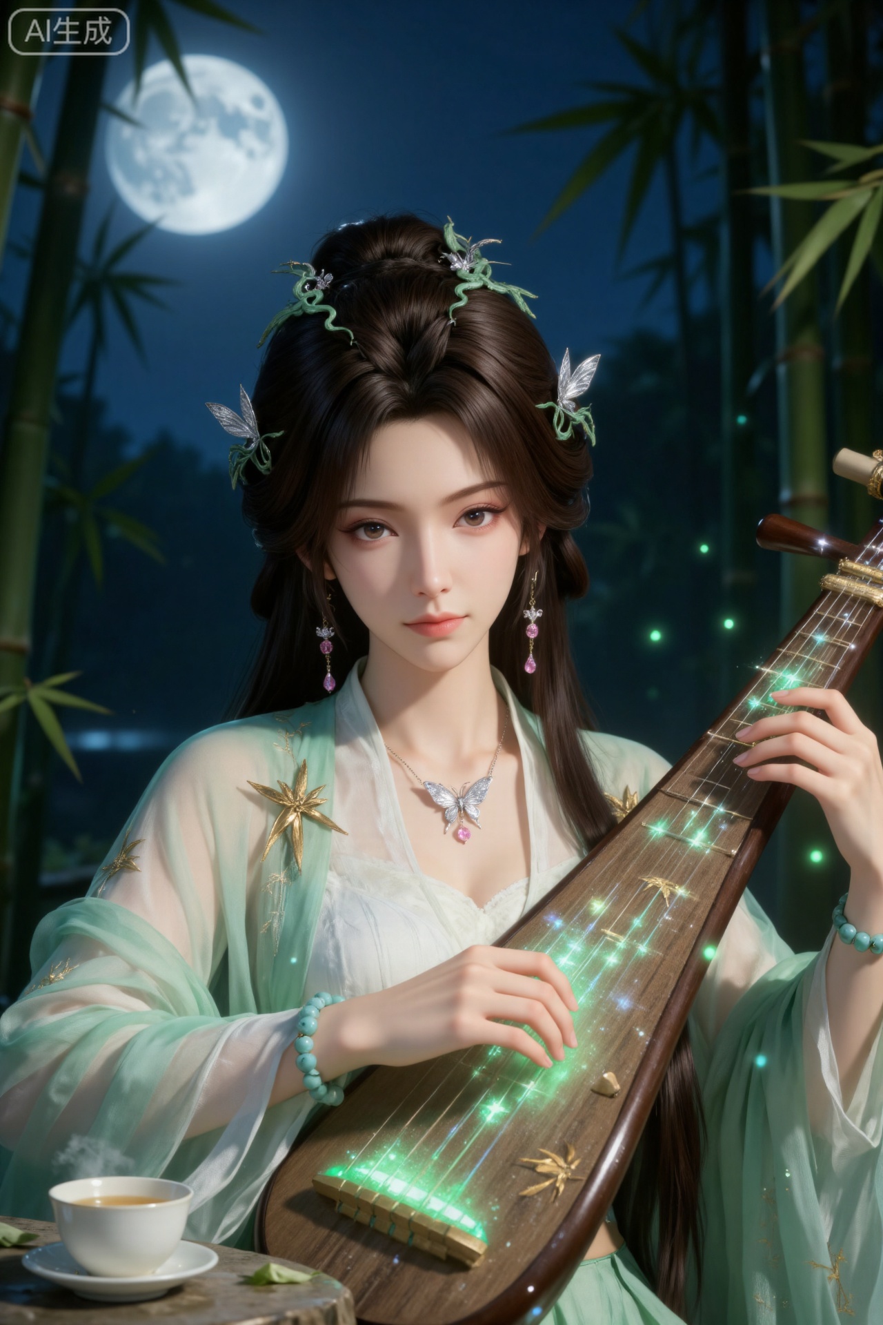 The main subject is a woman playing the Chinese guqin in the bamboo forest under the moon (long dark brown hair <partially tied up <green vines and silver butterfly hair ornaments in the hair <butterfly wings with texture>, cold face <dark brown eyes <eye tails slightly drooped>, light pink lips <full lips>, fair skin>), Wearing a white and green Hanfu (white inner skirt <embroidered with light green bamboo leaf pattern>, mint green gauze outer coat <shoulders decorated with golden bamboo knots>, and a belt of the same color around the waist), a silver butterfly necklace (dropped with pink gemstones) and a blue-green beaded bracelet, her posture is to play the piano with both hands <brown wooden body, piano The surface is wide (seven long strings glowing green), the background is a bamboo forest on a moonlit night (the full moon is in the sky (bright moonlight), the bamboo forest is deep (bamboo shadows whirling), the guqin is placed on a stone table (there is also a white Chinese white porcelain tea cup (holding yellow liquid) on the stone table, and there are green light spots (like fireflies) around it), details The gauze garment is light and thin, the bamboo decoration is golden and has a strong three-dimensional effect, and the green light of the strings flows and echoes the bamboo leaves. The overall atmosphere is quiet and elegant (the white and green color combination with the moonlight conveys a classical and demure temperament, and the character's posture is focused and shows the cool charm of playing the piano).