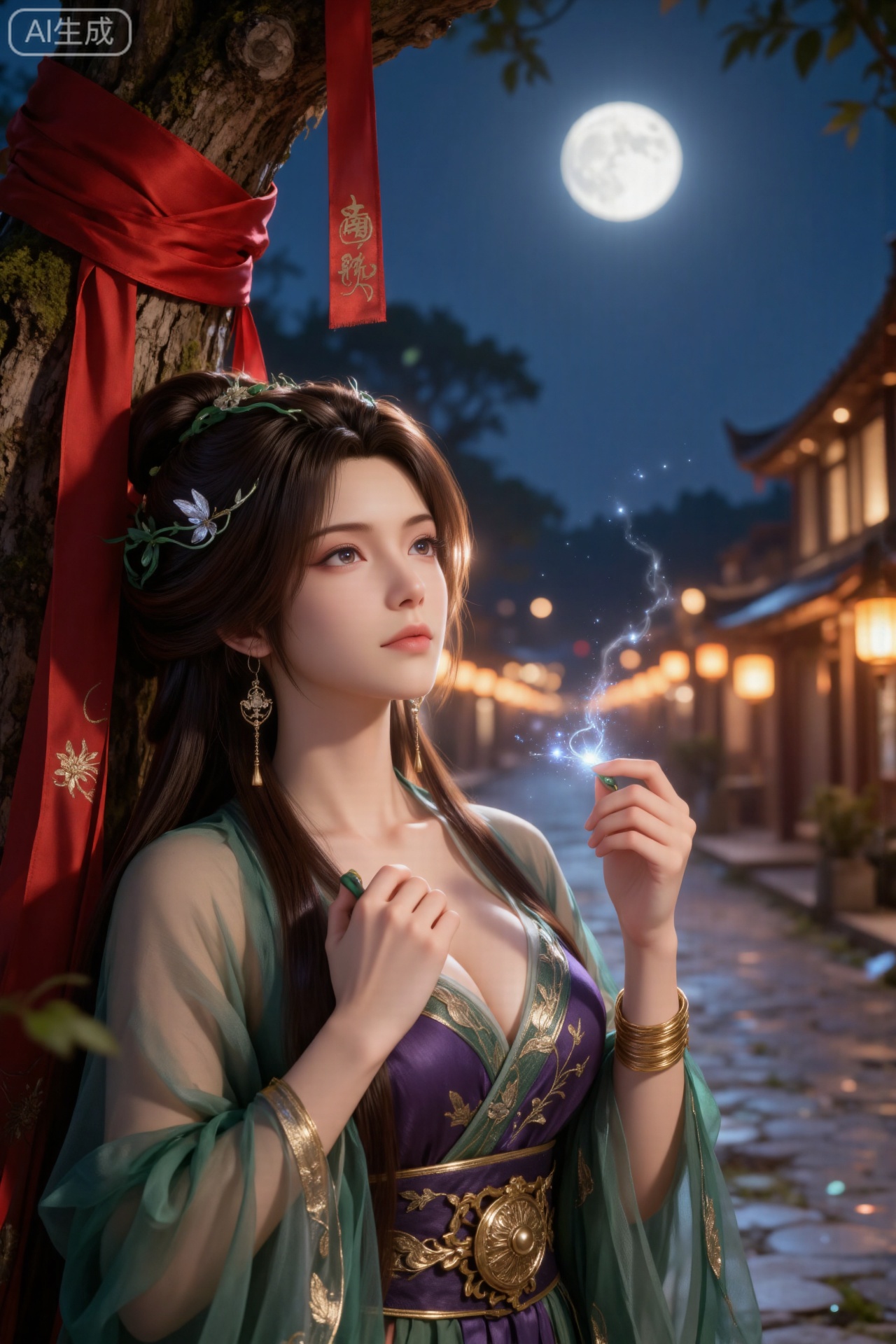 The subject is a woman with red silk tied sideways under an ancient tree under the moon (long dark brown hair <partially tied up <hair ornaments with green vines and silver leaves <hair ornaments with blue light spots>>, pious face <dark brown eyes <slightly raised at the end of the eyes>, light pink lips <full lips>, fair skin>), wearing a green and purple gauze Skirt (top with a tube top <gold pattern embroidery on the chest>, green translucent gauze <sleeves on one side>, purple trim <golden wide belt around the waist <with round metal buckle>>, multi-layered gold bracelets <arms>, posture: hands raised, head raised (beautiful side face), eyes looking up <tied in red Silk ribbons on tree trunks <Elegant silk ribbons>>, the background is an ancient street on a moonlit night (full moon in the sky <bright moonlight>, Chinese-style buildings in the distance <lanterns bright with warm yellow light>, flagstone roads on the ground <filled with fog>, old trees rough <tree belts with moss>), details of red silk <bright <with green Skirt contrast>, gauze <translucent <swings with movement>>, lighting <warm yellow <forms layers with cold moonlight>>, the overall atmosphere is mysterious and solemn (green and purple color and red silk embellishment <conveys the ritual sense of prayer>, and the character's focused posture <shows the piety of praying under the moon>). Low angle shot, shot from the side and below, with blurred background.