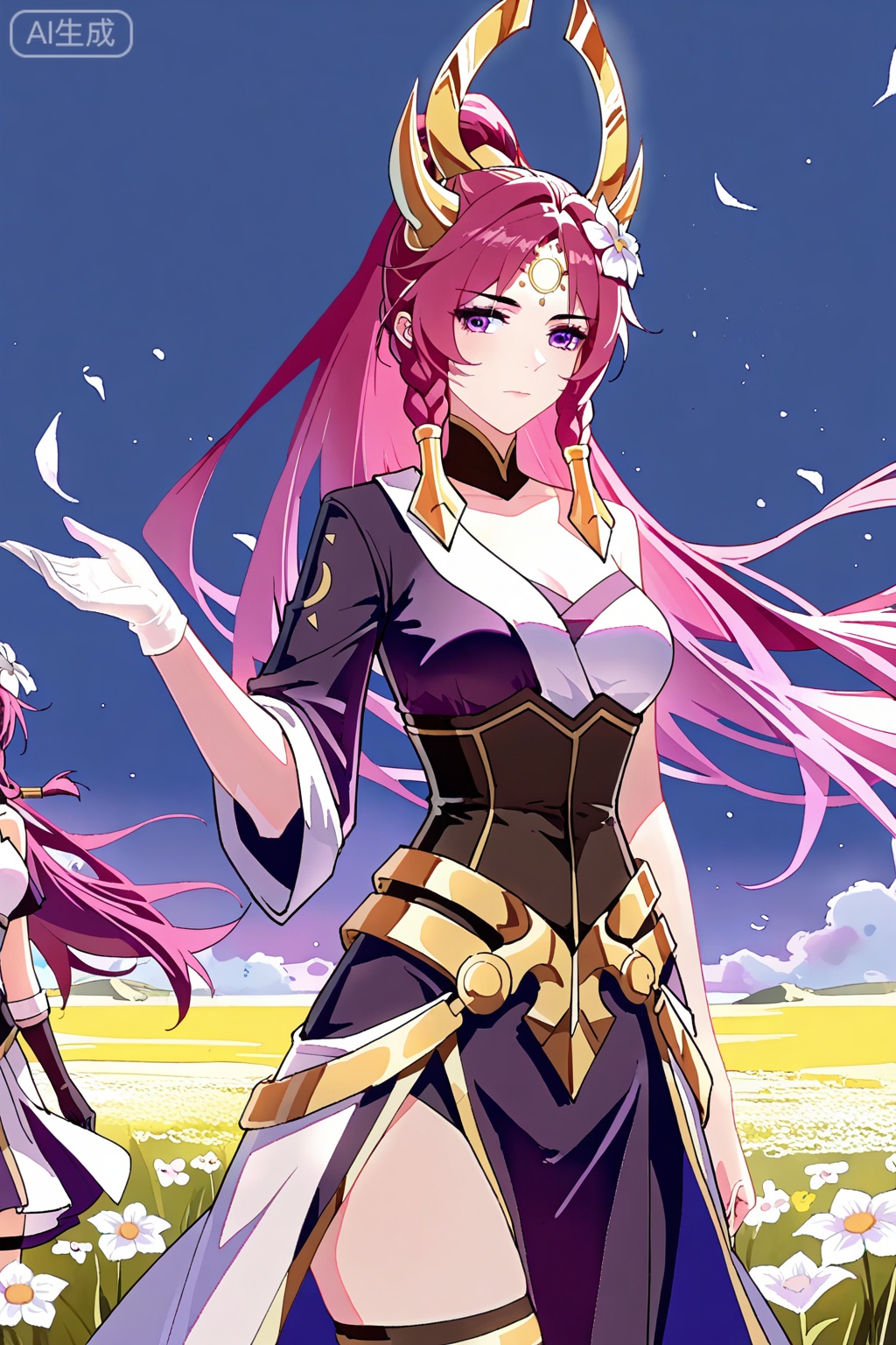 伽罗,best quality,amazing quality,Purple-red hair, braids, high ponytail, gold horn headpiece, white flower in hair, purple eyes,dark purple and white one-sleeve dress,high collar,single white long glove,dark corset,