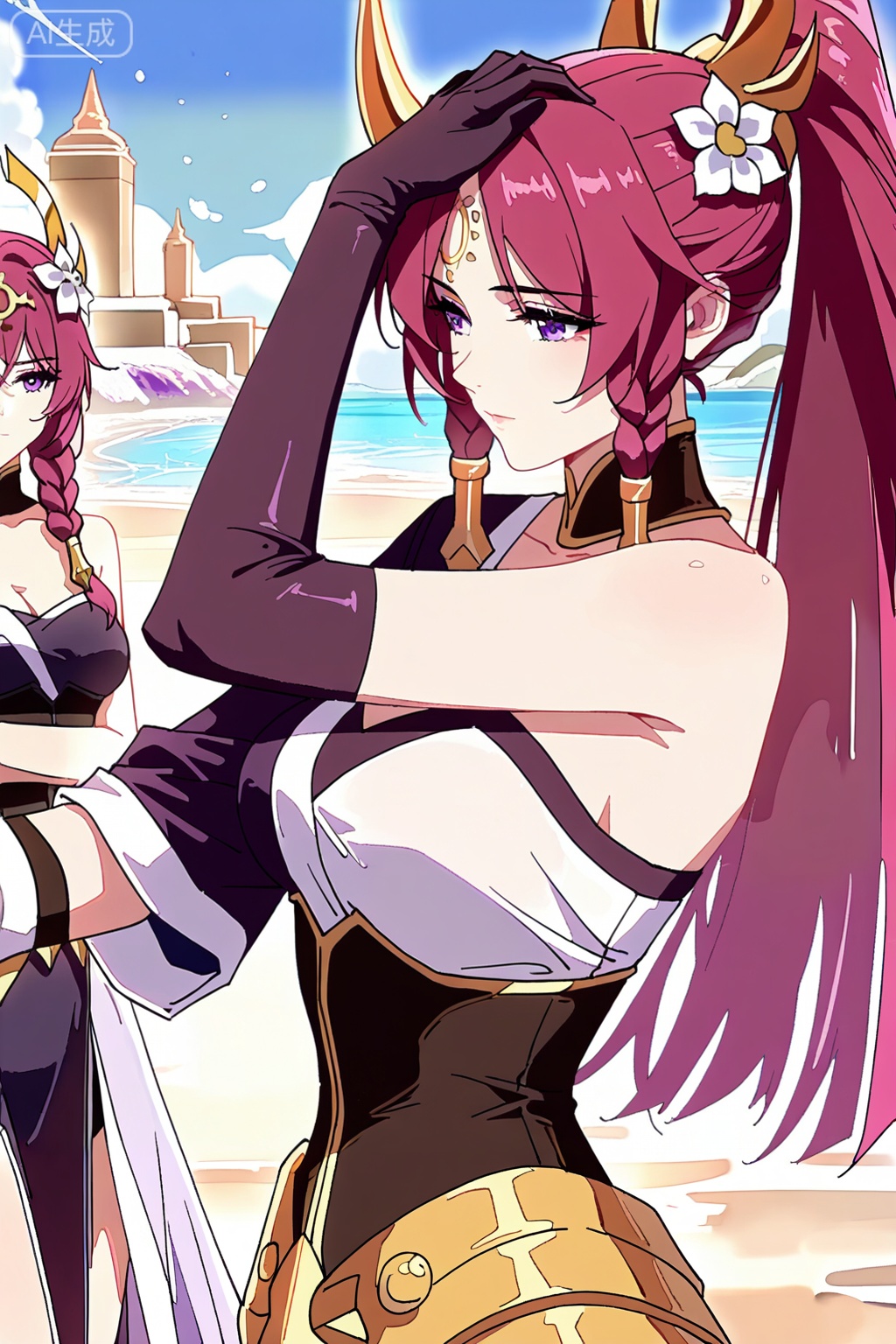 伽罗,best quality,amazing quality,Purple-red hair, braids, high ponytail, gold horn headpiece, white flower in hair, purple eyes,dark purple and white one-sleeve dress,high collar,single white long glove,dark corset,