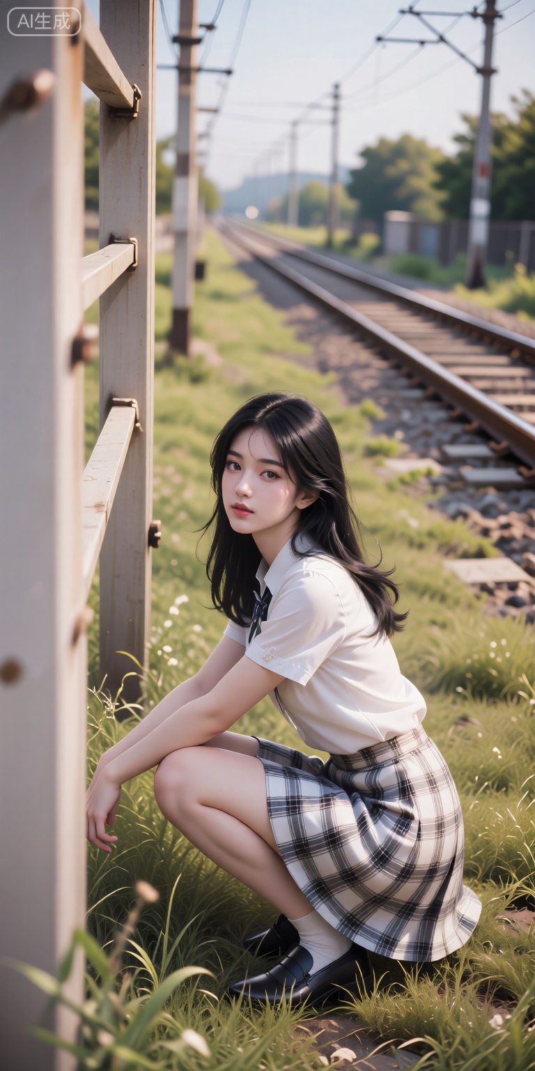 黑发女性白衣格子裙蹲于铁轨旁草地,侧头凝视镜头,背景含延伸轨道与电线杆。暖色调营造怀旧静谧感