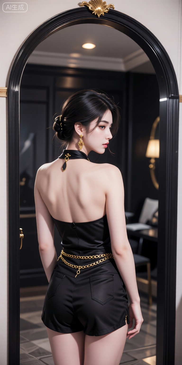 女性着黑色挂脖连体短裤,腰间金色链条点缀,束发戴金耳环。拱形镜反射背影,黑金配色营造室内优雅性感风格