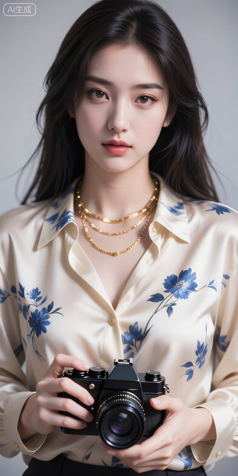 深色长发女性穿米白蓝花丝绸衬衫,佩戴金色层叠项链,双手持黑色复古相机。背景虚化为浅灰色,突出人物沉静文艺气质,光线柔和氛围宁静。