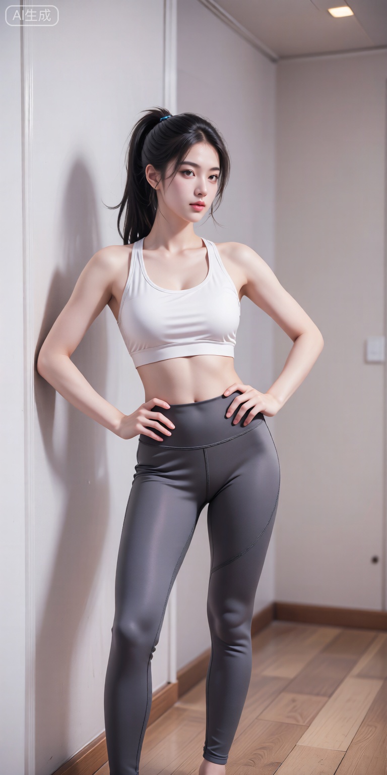 扎高马尾的女性穿白色运动背心与深灰紧身裤,双手叉腰站立于浅墙木地板背景中,展现健康活力。