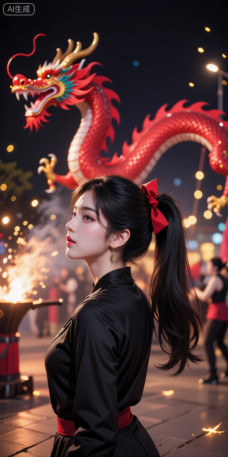 高马尾女性穿黑衣配红色蝴蝶结发饰,侧脸望向远方。背景为夜晚舞动的红色龙形道具与金色光点,呈现节日打铁花表演的热闹梦幻氛围。
