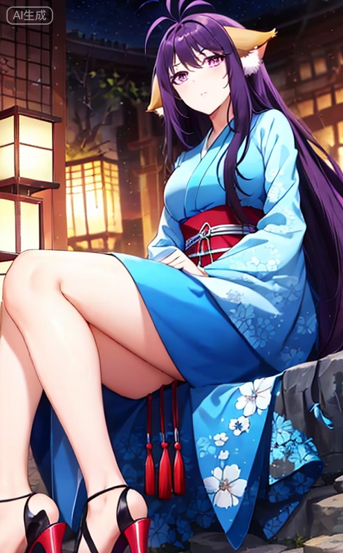 Fox ears,animal ears,ears on the left and right sides of the head,,
1girl, solo, long hair, looking at viewer, animal ears, purple eyes, , purple hair, fox ears, antenna hair, portrait,
(Two tone clothes, red on the left and white on the right), wearing red high heels, high heels,
japanese clothes, kimono, dutch angle, crossed arms,