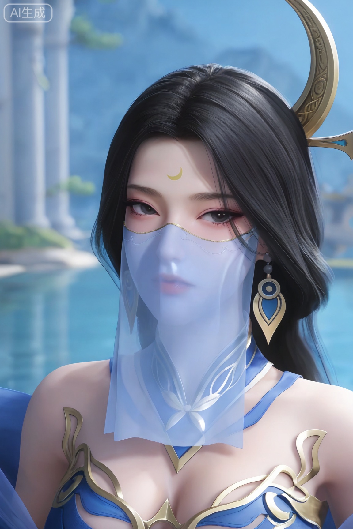 1girl, solo, breasts, looking at viewer, black hair, hair ornament, dress, cleavage, bare shoulders, jewelry, medium breasts, upper body, earrings, black eyes, see-through, strapless, blue dress, crescent, veil, strapless dress, forehead mark, mouth veil, 
3d \(artwork\),Masterpiece, best quality, amazing quality, newest, very aesthetic, absurdres, (scenery:1.4), 8k, good anatomy, good shading, ultra detailed, refined details, high resolution, HD, masterwork,high detail ,Exquisite beauty, charming, 3D rendering,illustration,CG,