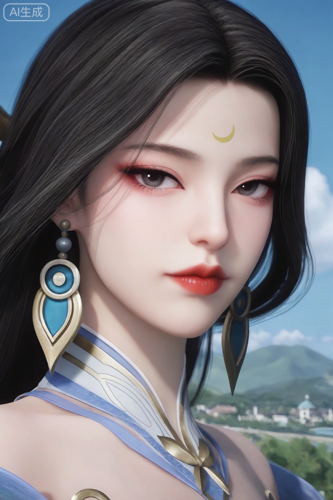 1girl, solo, looking at viewer, black hair, jewelry, closed mouth, earrings, black eyes, lips, makeup, lipstick, crescent, portrait, forehead mark, red lips, crescent earrings,
3d \(artwork\),Masterpiece, best quality, amazing quality, newest, very aesthetic, absurdres, (scenery:1.4), 8k, good anatomy, good shading, ultra detailed, refined details, high resolution, HD, masterwork,high detail ,Exquisite beauty, charming, 3D rendering,illustration,CG,