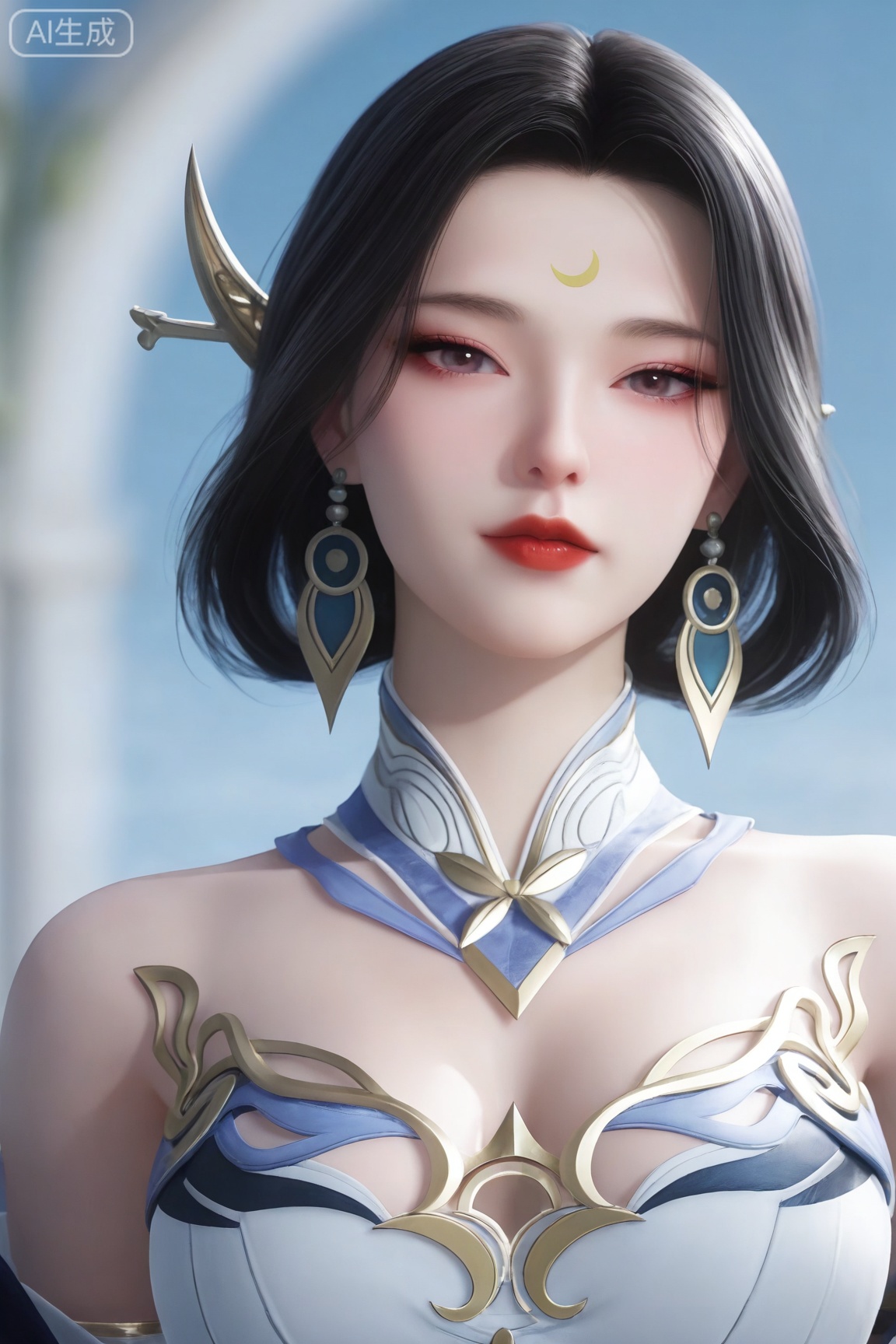 1girl, solo, breasts, looking at viewer, short hair, black hair, dress, bare shoulders, jewelry, upper body, earrings, white dress, blurry, strapless, detached collar, blurry background,  crescent, strapless dress, forehead mark, red lips, 
3d \(artwork\),Masterpiece, best quality, amazing quality, newest, very aesthetic, absurdres, (scenery:1.4), 8k, good anatomy, good shading, ultra detailed, refined details, high resolution, HD, masterwork,high detail ,Exquisite beauty, charming, 3D rendering,illustration,CG,