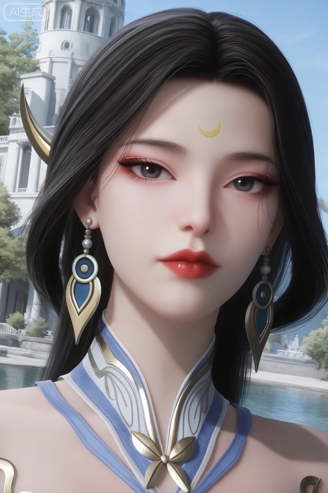 1girl, solo, looking at viewer, black hair, jewelry, closed mouth, earrings, black eyes, lips, makeup, lipstick, crescent, portrait, forehead mark, red lips, crescent earrings,
3d \(artwork\),Masterpiece, best quality, amazing quality, newest, very aesthetic, absurdres, (scenery:1.4), 8k, good anatomy, good shading, ultra detailed, refined details, high resolution, HD, masterwork,high detail ,Exquisite beauty, charming, 3D rendering,illustration,CG,