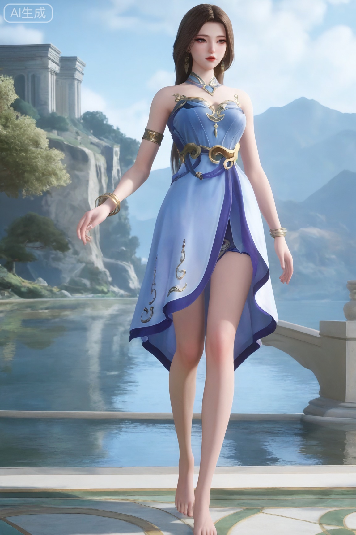 1girl, solo, long hair, brown hair, dress, jewelry, full body, barefoot, bracelet, bare legs, armlet, walking, 
3d \(artwork\),Masterpiece, best quality, amazing quality, newest, very aesthetic, absurdres, (scenery:1.4), 8k, good anatomy, good shading, ultra detailed, refined details, high resolution, HD, masterwork,high detail ,Exquisite beauty, charming, 3D rendering,illustration,CG,