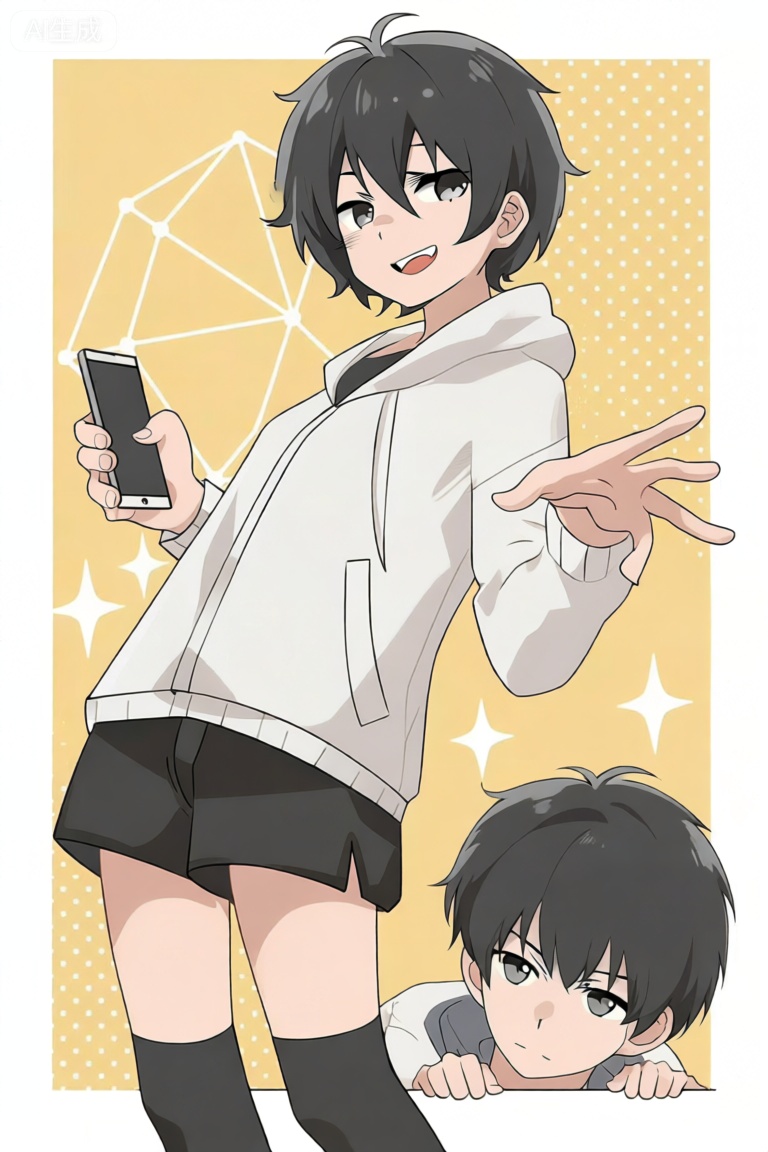 一位短发动漫少年,她穿着白色外套和黑色短裤,搭配黑色长袜。他的表情生动,眼神中透露出一丝狡黠,右手做出一个手势,左手则拿着一部手机。背景是黄色的,带有几何图案和星星点缀,营造出一种活泼可爱的氛围。在画面下方,另一位短发少年正趴在地面上,似乎在窥视上方的少年,增添了画面的趣味性和互动感。整体色调柔和,细节丰富,展现了角色的独特魅力和个性