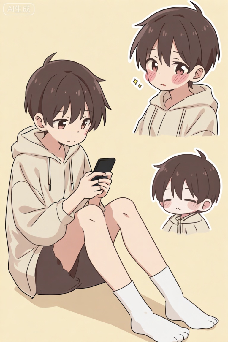 一位可爱的的动漫少年,他穿着一件宽松的米色连帽衬衫和白色长袜。在不同的场景中,她的表情和姿态各异：左侧的角色坐在地上,拿着手机；右侧上方的角色露出害羞的表情,脸颊泛红；右侧下方的角色是个可爱呆萌的头像,整体氛围融洽得当