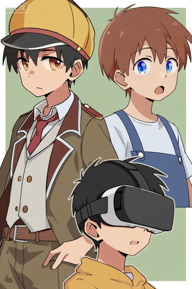 三位风格各异的动漫少年角色。左侧的角色穿着复古风格的制服,头戴黄色帽子,表情略显严肃。右侧上方的角色有着棕色短发,蓝色眼睛,身穿白色T恤和蓝色背带裤,表情惊讶。下方的角色戴着VR眼镜,似乎在体验虚拟现实游戏,。整体画面色彩鲜艳,人物表情生动,展现了不同的个性和情感