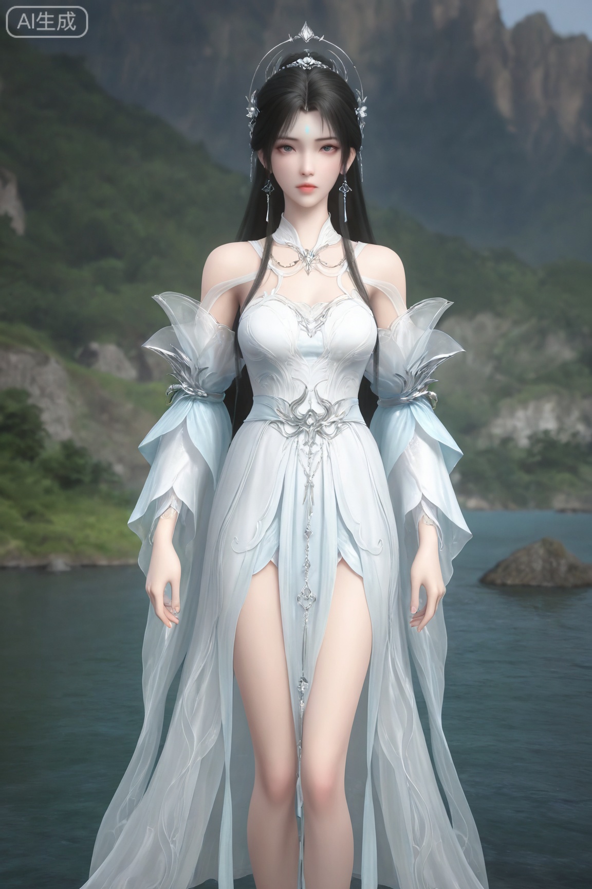 qingyi,1girl, solo, long hair, looking at viewer, black hair, hair ornament, dress, bare shoulders, jewelry, earrings, white dress, bare legs, expressionless, forehead mark,  
3d \(artwork\),Masterpiece, best quality, amazing quality, newest, very aesthetic, absurdres, (scenery:1.4), 8k, good anatomy, good shading, ultra detailed, refined details, high resolution, HD, masterwork,high detail ,Exquisite beauty, charming, 3D rendering,illustration,CG,