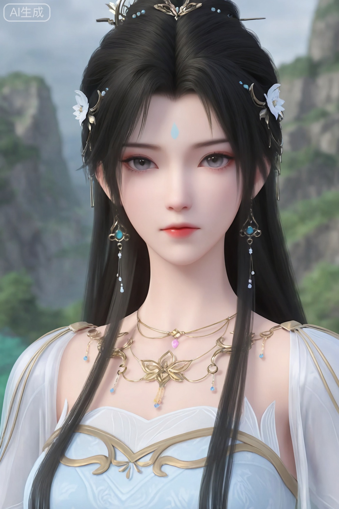 qingyi,1girl, solo, long hair, looking at viewer, black hair, hair ornament, dress, jewelry, closed mouth, upper body, earrings, necklace, hair bun, blurry, blurry background, expressionless, forehead mark,  
3d \(artwork\),Masterpiece, best quality, amazing quality, newest, very aesthetic, absurdres, (scenery:1.4), 8k, good anatomy, good shading, ultra detailed, refined details, high resolution, HD, masterwork,high detail ,Exquisite beauty, charming, 3D rendering,illustration,CG,