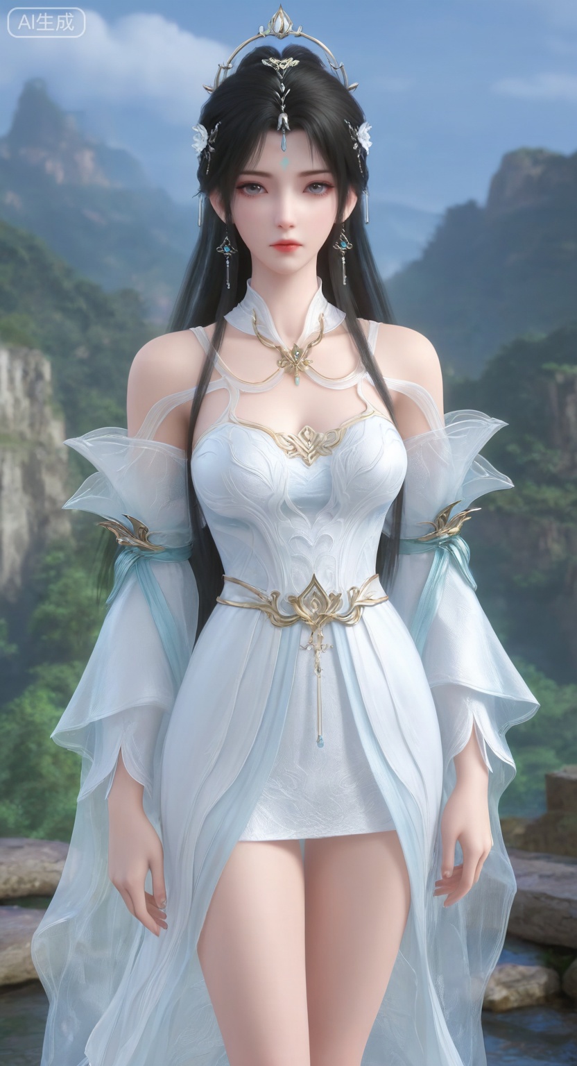 qingyi,1girl, solo, long hair, looking at viewer, black hair, hair ornament, dress, bare shoulders, jewelry, earrings, white dress, bare legs, expressionless, forehead mark,  
3d \(artwork\),Masterpiece, best quality, amazing quality, newest, very aesthetic, absurdres, (scenery:1.4), 8k, good anatomy, good shading, ultra detailed, refined details, high resolution, HD, masterwork,high detail ,Exquisite beauty, charming, 3D rendering,illustration,CG,