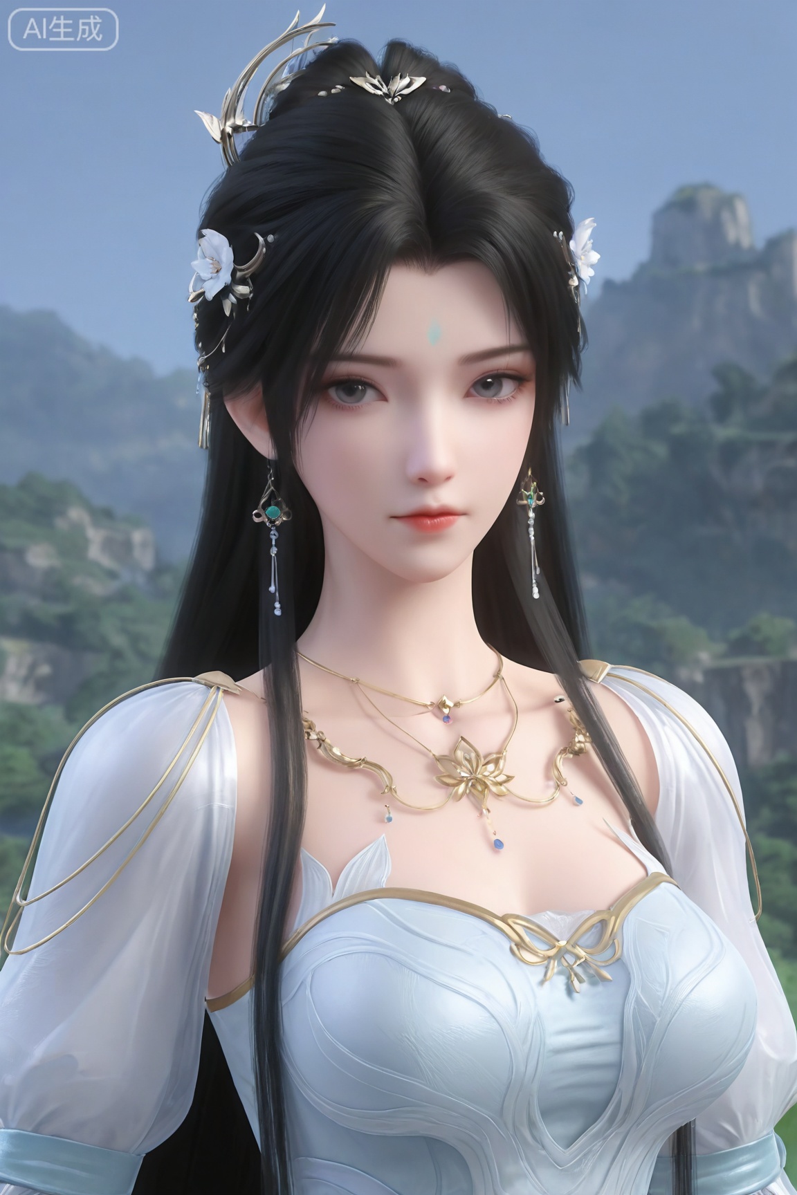 qingyi,1girl, solo, long hair, looking at viewer, simple background, black hair, hair ornament, dress, jewelry, closed mouth, upper body, earrings,  
3d \(artwork\),Masterpiece, best quality, amazing quality, newest, very aesthetic, absurdres, (scenery:1.4), 8k, good anatomy, good shading, ultra detailed, refined details, high resolution, HD, masterwork,high detail ,Exquisite beauty, charming, 3D rendering,illustration,CG,
