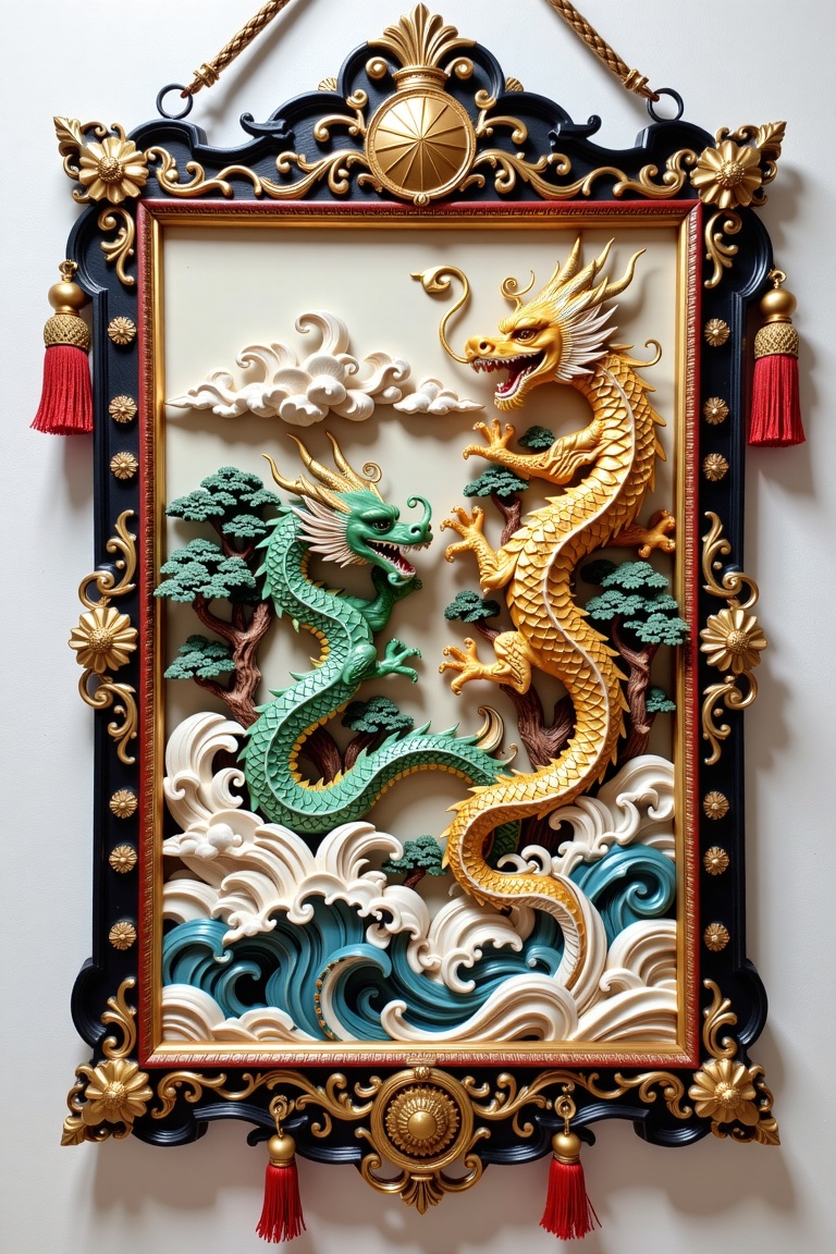 The image depicts a beautifully crafted wall hanging with intricate details. It features two large,  intricately designed...