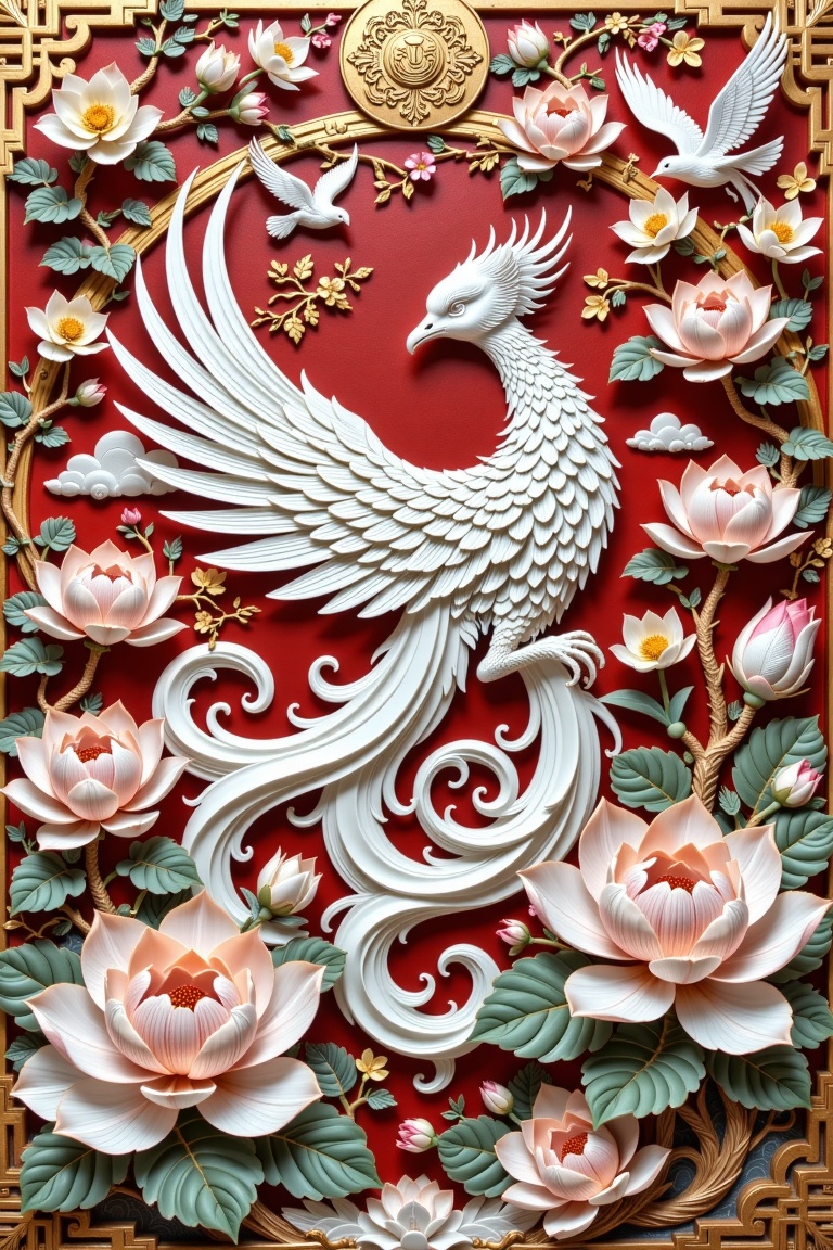The image depicts a highly detailed and intricate artwork that combines elements of nature and mythical creatures. At the...