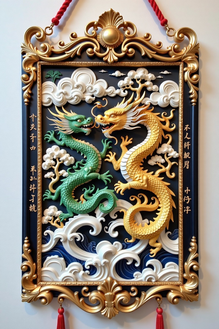 The image depicts a beautifully crafted wall hanging with intricate details. It features two large,  intricately designed...