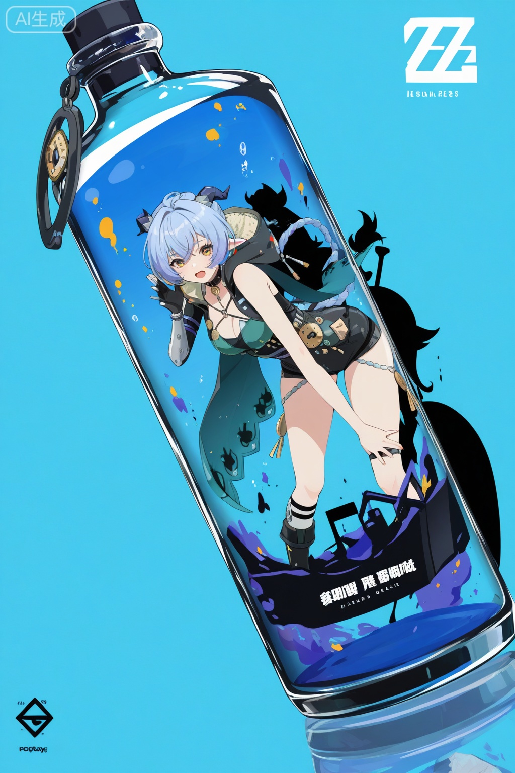 masterpiece,best quality,good quality,1girl,::,__artist__,year 2024,(blending:1.4),(limited palette:1.2),(no lineart:1.2),(flat color:1.2),(light blue background:1.2),(spot color:1.2),dutch angle,minimalism,silhouette,flat color,open mouth,no lineart,breasts,limited palette,signature,very awa,masterpiece,best quality,newest,highres,absurdres,
,
,jijia,2d,anime,1girl,solo,looking at viewer,in container,see-through,standing,hand up,character name,black background,reflection,copyright name,gradient,a glass bottle with a picture of a woman on it,a picture of a girl inside a clear container with a bunch of stuff in it,interval glass,inside the container,glass separation,
,
Lucia \(Zenless Zone Zero\),clothes: Luciadef suit,Square-shaped pupils,Luciadef cape,Luciadef horns,Luciadef  pointy ears,1girl,breasts,blue hair,boots,black footwear,yellow eyes,cleavage,pointy ears,single right glove,