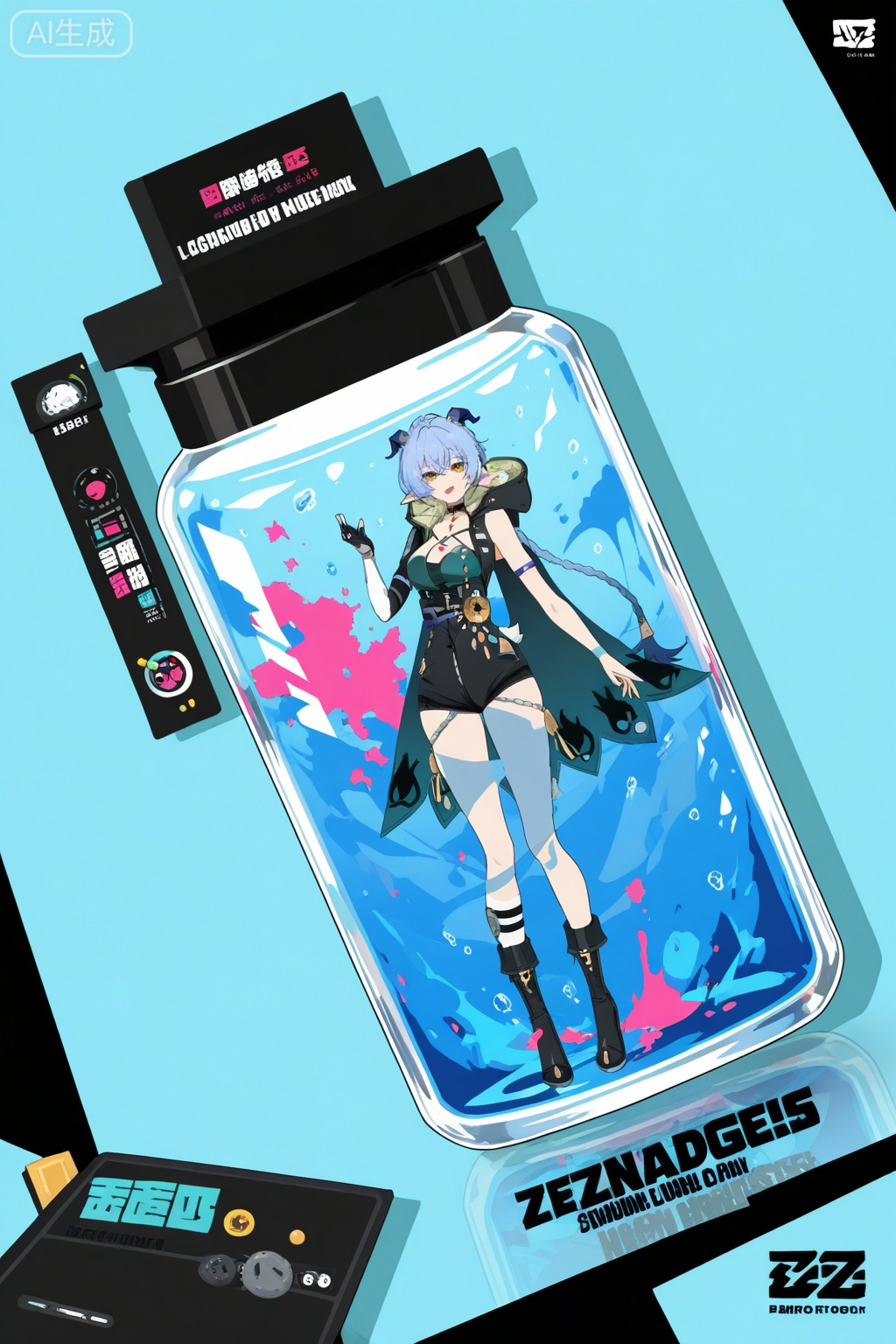 masterpiece,best quality,good quality,1girl,::,__artist__,year 2024,(blending:1.4),(limited palette:1.2),(no lineart:1.2),(flat color:1.2),(light blue background:1.2),(spot color:1.2),dutch angle,minimalism,silhouette,flat color,open mouth,no lineart,breasts,limited palette,signature,very awa,masterpiece,best quality,newest,highres,absurdres,
<lora:add-detail-xl:0.8>,
<lora:jijia-gnoobv-Tanger-000014:0.7>,jijia,2d,anime,1girl,solo,looking at viewer,in container,see-through,standing,hand up,character name,black background,reflection,copyright name,gradient,a glass bottle with a picture of a woman on it,a picture of a girl inside a clear container with a bunch of stuff in it,interval glass,inside the container,glass separation,
<lora:Lucia-will-Tanger:0.8>,
Lucia \(Zenless Zone Zero\),clothes: Luciadef suit,Square-shaped pupils,Luciadef cape,Luciadef horns,Luciadef  pointy ears,1girl,breasts,blue hair,boots,black footwear,yellow eyes,cleavage,pointy ears,single right glove,