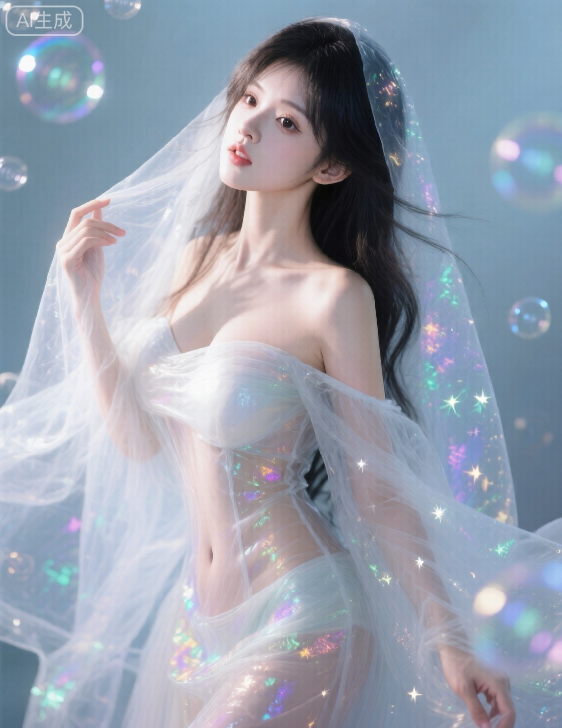 生活烂片,  一位很白的女模特（悠然）,  她身披一层极为轻薄的透明纱幔（紧紧贴合身形） on Tensor.Art