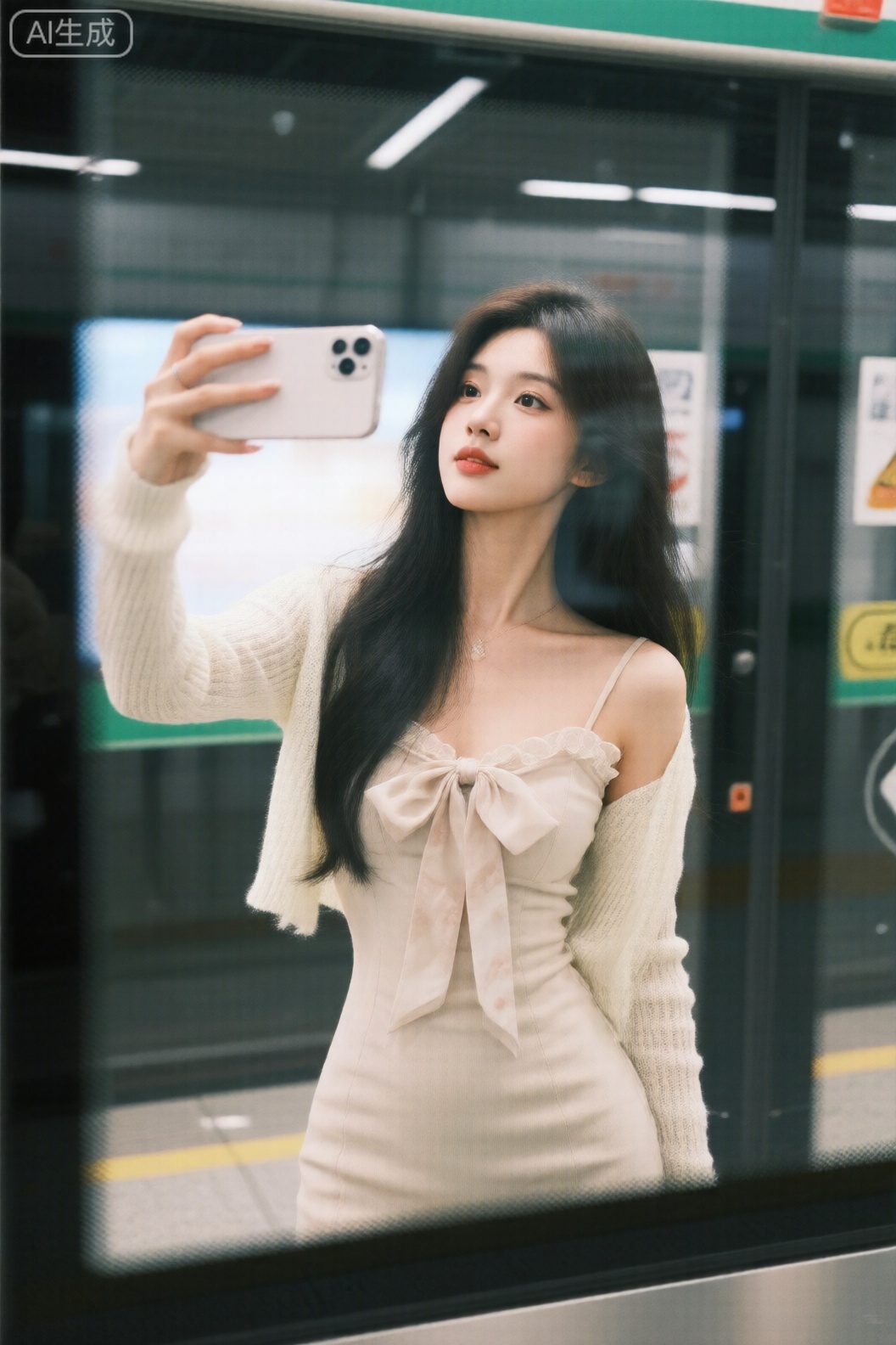富士胶片风格人像：人像摄影,日常快照风格,非精心构图或打光,一位长发的御姐,葫芦形S身材,穿着法式连衣裙,蝴蝶结飘带,露肩开衫针织上衣外搭,雪纺内衬；场景为地铁站内,在屏蔽门前,用屏蔽门的玻璃作为镜子,用iPhone 后置镜头自拍。
日常快照,手机后置摄像头随手一拍的快照,略带点快门速度不够导致的运动模糊,构图混乱,体现出一种平庸和日常感,无镜头畸变,无任何刻意的构图,非精心构图或打光,无任何精准的参数调校,导致暗部曝光不足,产生噪点。35定焦摄影,超高细节精度,保留轻微噪点,高光不过曝,阴影有细节,绝妙构图,局部高清,构图歪斜毫无设计感,夸张镜头感,因阳光不均或室内光线问题,存在轻微过曝现象,同时还有轻微运动模糊,就像用iPhone 随手一拍,却真实记录下了这日常、闲适又轻松的一刻,充满生活的原汁原味。； 非摆拍,突出自然肌肤状态,妙龄素颜美女,线条清晰,超高清,高级感,皮肤真实,不对称美学,朦胧感,面部阴影,细腻肌理,心机拍照风格,凸显完美的身材。清纯甜妹,邻居少女,眼神迷离微醺害羞,素颜,表情自然松弛,纯欲风穿搭,韩系白开水妆容,梦核,她冷白的皮肤白皙水润光滑细腻,冷白皮,表情迷离含情杏眼,眼睛看镜头。葫芦形S身材,纯欲风,傲人身材,.50 mm f1.4, Kodak Portra 400, soft box key light,Fujicolor, cinematic teal-orange, low contrast
