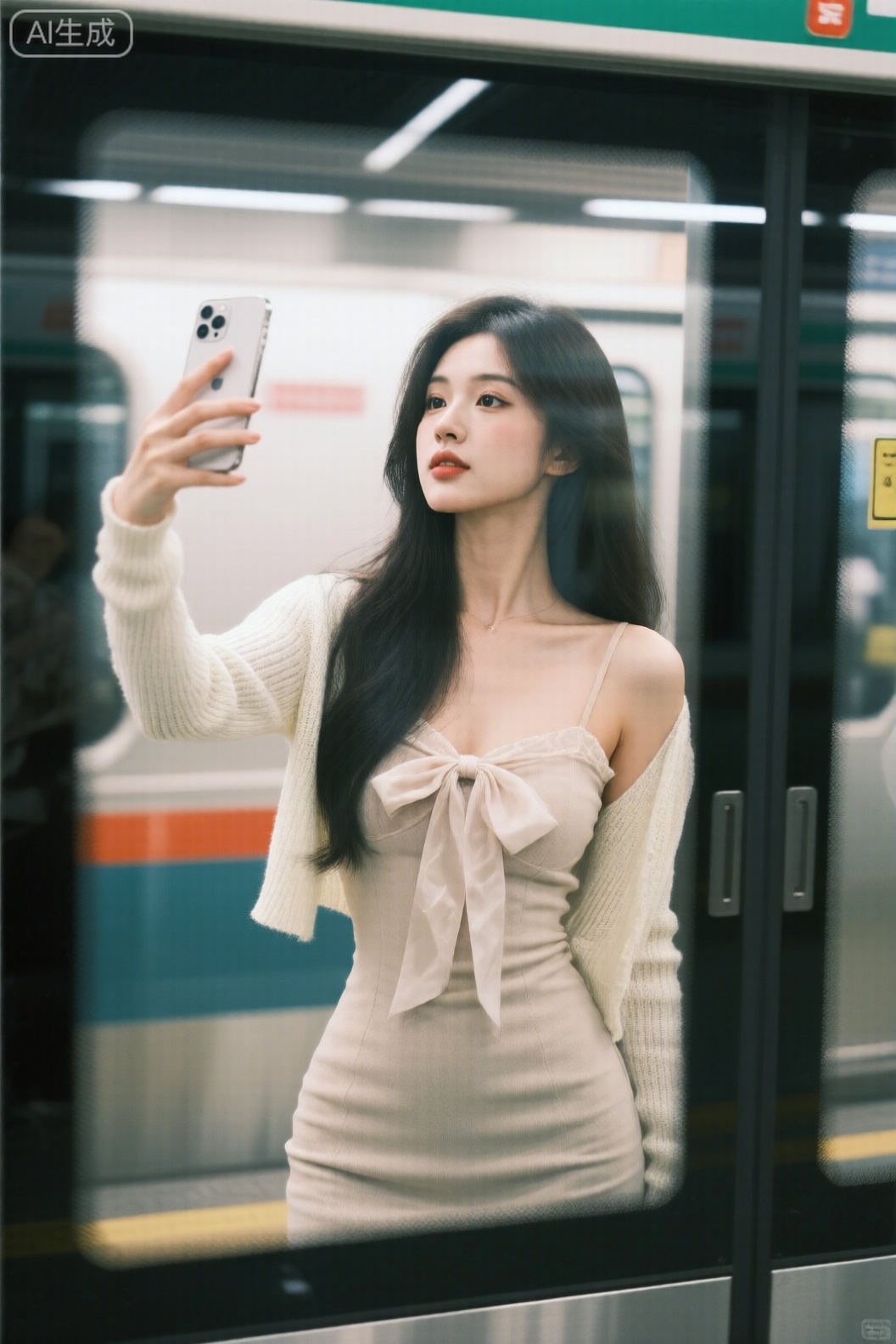 富士胶片风格人像：人像摄影,日常快照风格,非精心构图或打光,一位长发的御姐,葫芦形S身材,穿着法式连衣裙,蝴蝶结飘带,露肩开衫针织上衣外搭,雪纺内衬；场景为地铁站内,在屏蔽门前,用屏蔽门的玻璃作为镜子,用iPhone 后置镜头自拍。
日常快照,手机后置摄像头随手一拍的快照,略带点快门速度不够导致的运动模糊,构图混乱,体现出一种平庸和日常感,无镜头畸变,无任何刻意的构图,非精心构图或打光,无任何精准的参数调校,导致暗部曝光不足,产生噪点。35定焦摄影,超高细节精度,保留轻微噪点,高光不过曝,阴影有细节,绝妙构图,局部高清,构图歪斜毫无设计感,夸张镜头感,因阳光不均或室内光线问题,存在轻微过曝现象,同时还有轻微运动模糊,就像用iPhone 随手一拍,却真实记录下了这日常、闲适又轻松的一刻,充满生活的原汁原味。； 非摆拍,突出自然肌肤状态,妙龄素颜美女,线条清晰,超高清,高级感,皮肤真实,不对称美学,朦胧感,面部阴影,细腻肌理,心机拍照风格,凸显完美的身材。清纯甜妹,邻居少女,眼神迷离微醺害羞,素颜,表情自然松弛,纯欲风穿搭,韩系白开水妆容,梦核,她冷白的皮肤白皙水润光滑细腻,冷白皮,表情迷离含情杏眼,眼睛看镜头。葫芦形S身材,纯欲风,傲人身材,.50 mm f1.4, Kodak Portra 400, soft box key light,Fujicolor, cinematic teal-orange, low contrast