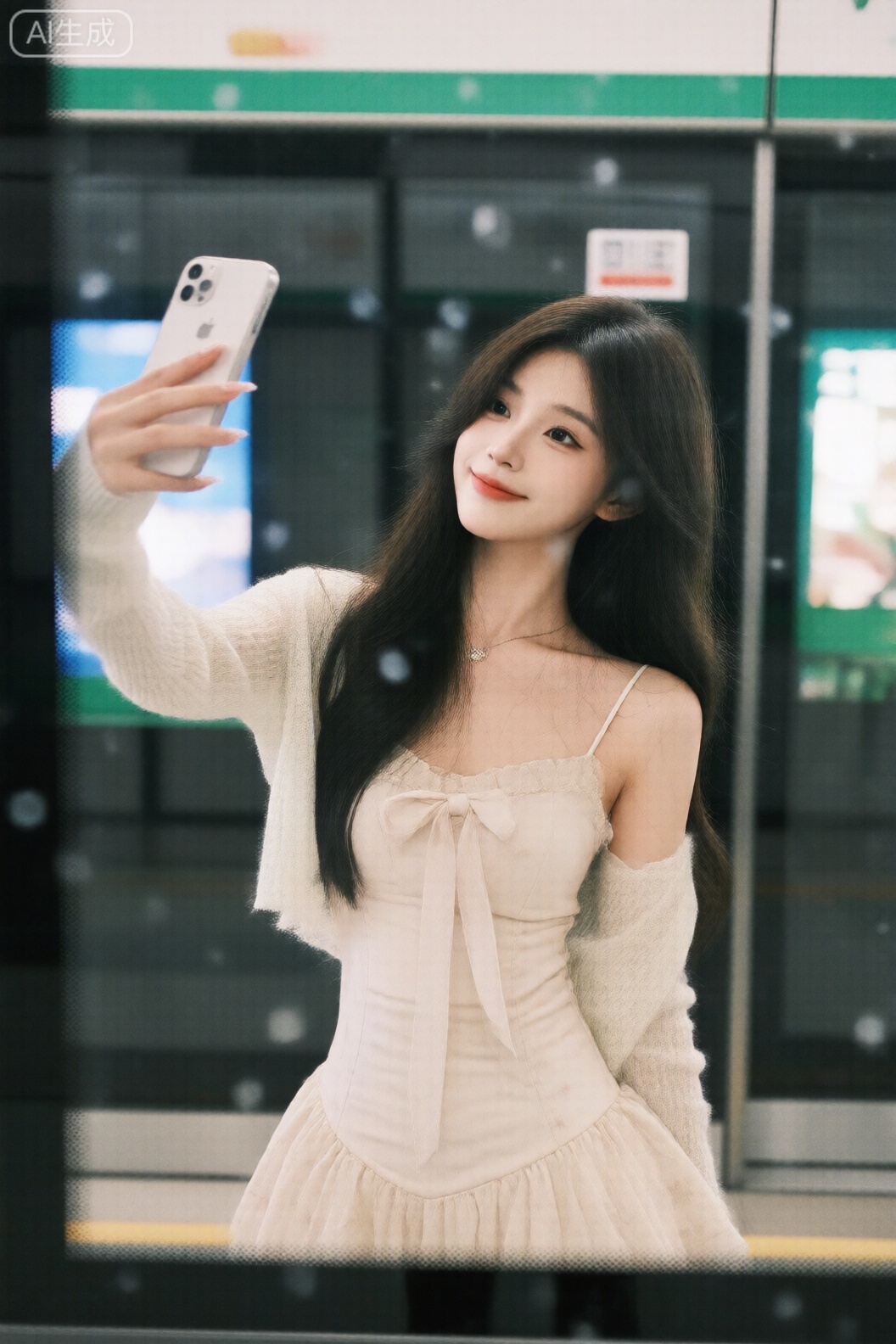 富士胶片风格人像：人像摄影,日常快照风格,非精心构图或打光,一位长发的御姐,葫芦形S身材,穿着法式连衣裙,蝴蝶结飘带,露肩开衫针织上衣外搭,雪纺内衬；场景为地铁站内,在屏蔽门前,用屏蔽门的玻璃作为镜子,用iPhone 后置镜头自拍。
日常快照,手机后置摄像头随手一拍的快照,略带点快门速度不够导致的运动模糊,构图混乱,体现出一种平庸和日常感,无镜头畸变,无任何刻意的构图,非精心构图或打光,无任何精准的参数调校,导致暗部曝光不足,产生噪点。35定焦摄影,超高细节精度,保留轻微噪点,高光不过曝,阴影有细节,绝妙构图,局部高清,构图歪斜毫无设计感,夸张镜头感,因阳光不均或室内光线问题,存在轻微过曝现象,同时还有轻微运动模糊,就像用iPhone 随手一拍,却真实记录下了这日常、闲适又轻松的一刻,充满生活的原汁原味。； 非摆拍,突出自然肌肤状态,妙龄素颜美女,线条清晰,超高清,高级感,皮肤真实,不对称美学,朦胧感,面部阴影,细腻肌理,心机拍照风格,凸显完美的身材。清纯甜妹,邻居少女,眼神迷离微醺害羞,素颜,表情自然松弛,纯欲风穿搭,韩系白开水妆容,梦核,她冷白的皮肤白皙水润光滑细腻,冷白皮,表情迷离含情杏眼,眼睛看镜头。葫芦形S身材,纯欲风,傲人身材,.50 mm f1.4, Kodak Portra 400, soft box key light,Fujicolor, cinematic teal-orange, low contrast
