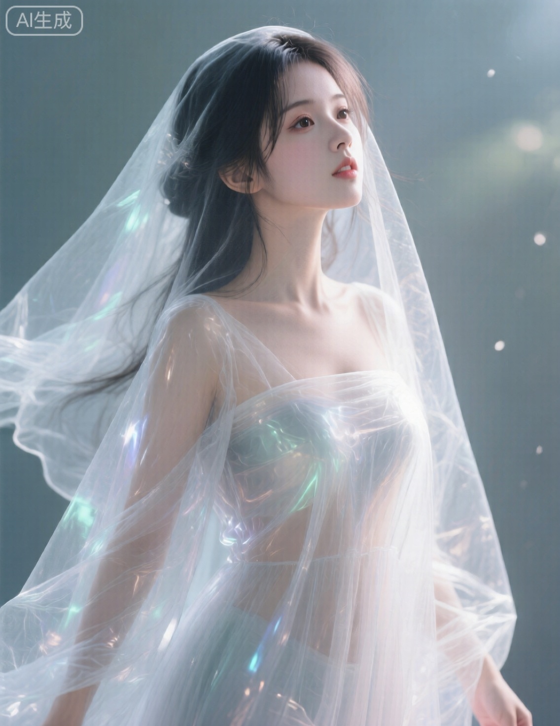 透明薄纱构成一个美女（悠然）的轮廓,她的整个身体都是透明的。