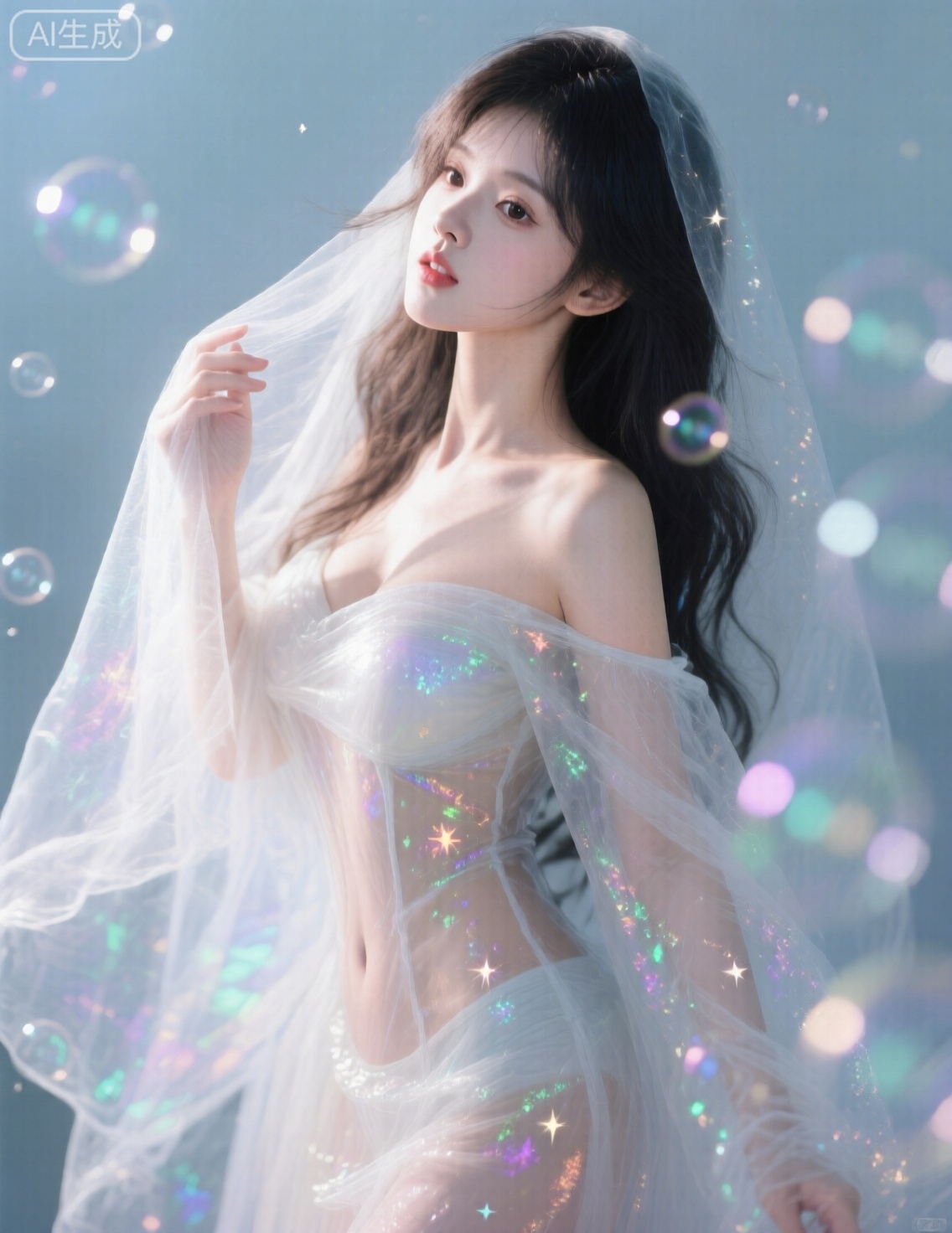 生活烂片,  一位很白的女模特（悠然）,  她身披一层极为轻薄的透明纱幔（紧紧贴合身形） on Tensor.Art