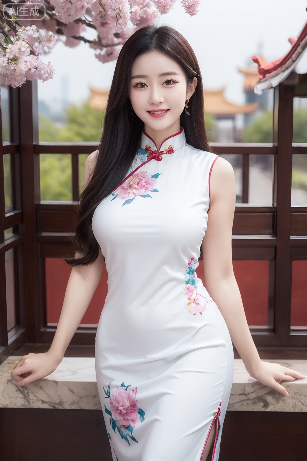 1girl,*****,fair_skin,shiny_skin,white_marble_glowing_skin,curvy,long hair,makeup,flower-shaped pupils,big breasts,china_dress,print_cheongsam,smile,Smile without showing your teeth,chinese_style,huge filesize,wallpaper,real,available light,reality,realistic,simple_background, 1girl