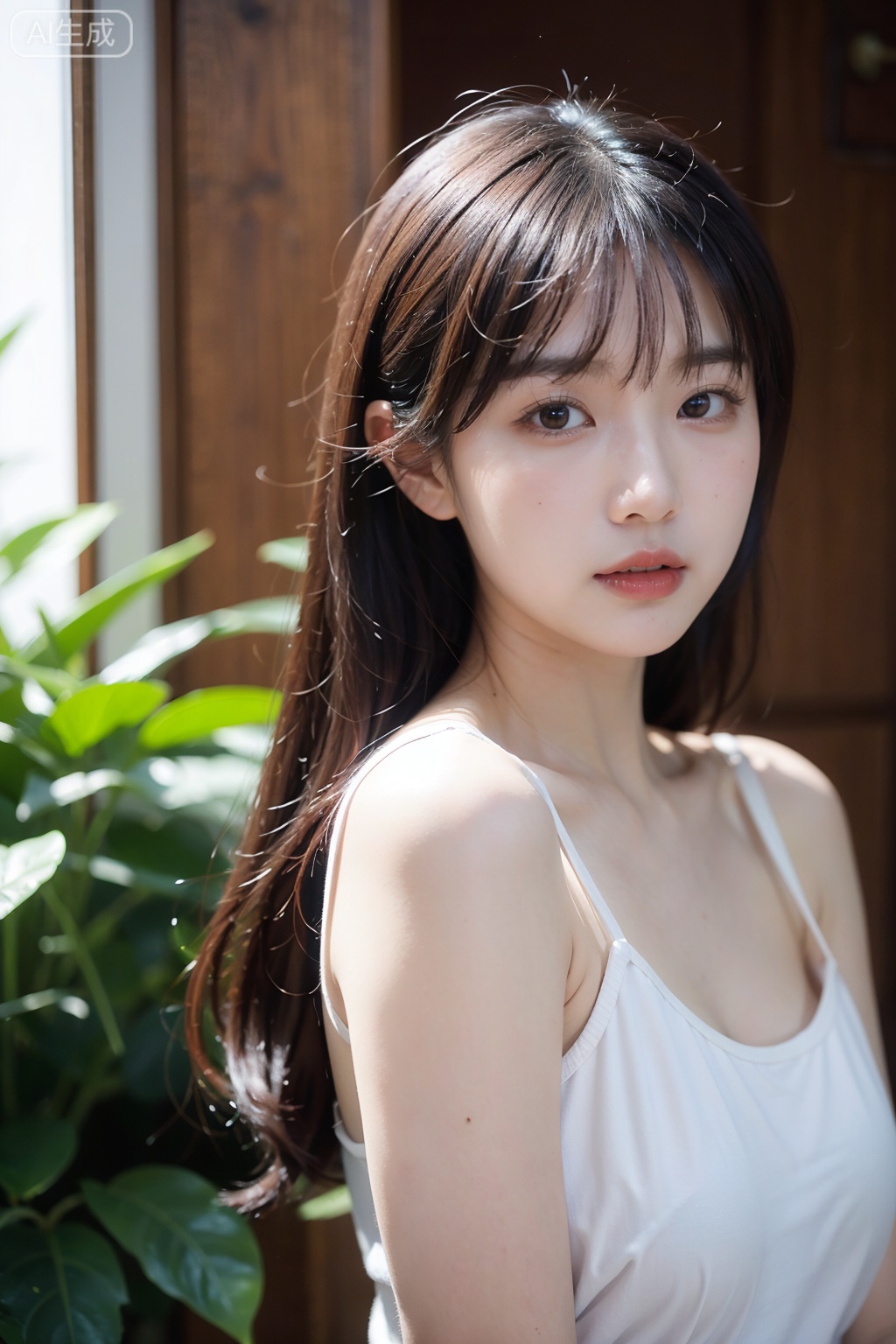 191,191,前卫,潮酷,漠然,颓废,慵懒,时光恍惚,茫然没有着落,空气感,对焦模糊,胶片摄影,高曝,overexposure,暗调,强对比,高反差,颓废,慵懒,梦核,肌理质感,情绪氛围感拉满,透视视角,胶片质感,慢快门,极简,朦胧美学,氛围光,rim light,发型光,发丝光,伦勃朗光,层次感,高级感,
一位年轻女子身着浅绿色带有竹叶图案的无袖上衣,长发乌黑柔顺,部分头发用黑色发簪和装饰物固定在脑后,其余垂落肩头。她佩戴着小巧的耳环,面容清秀,眼神温柔,唇色自然。背景为浅色墙面,右侧有几片绿叶植物点缀,整体氛围清新雅致。

32K高清画质,32K细腻真人皮肤纹理,